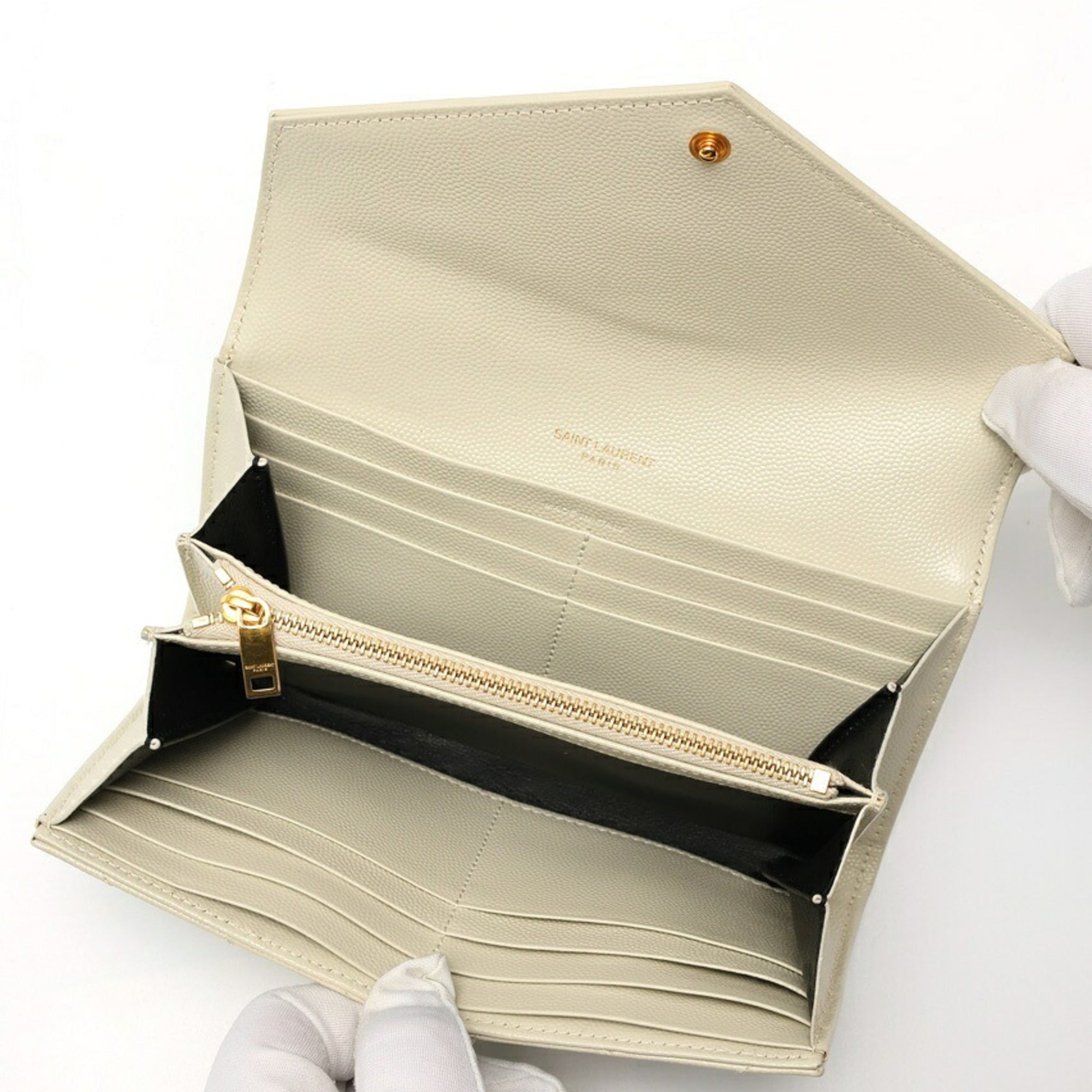 Saint Laurent Monogram Large Flap Wallet 372264 Grain de Poudre Embossed Leather Ivory S-159322