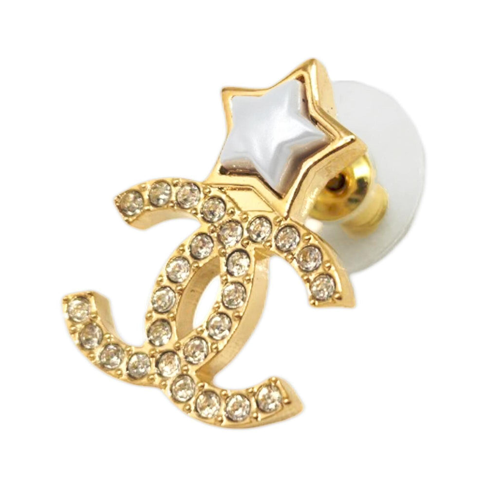 CHANEL Star Earrings, Metal, Gold, B25V, Rhinestone, Coco Mark, White, Women's — Like New