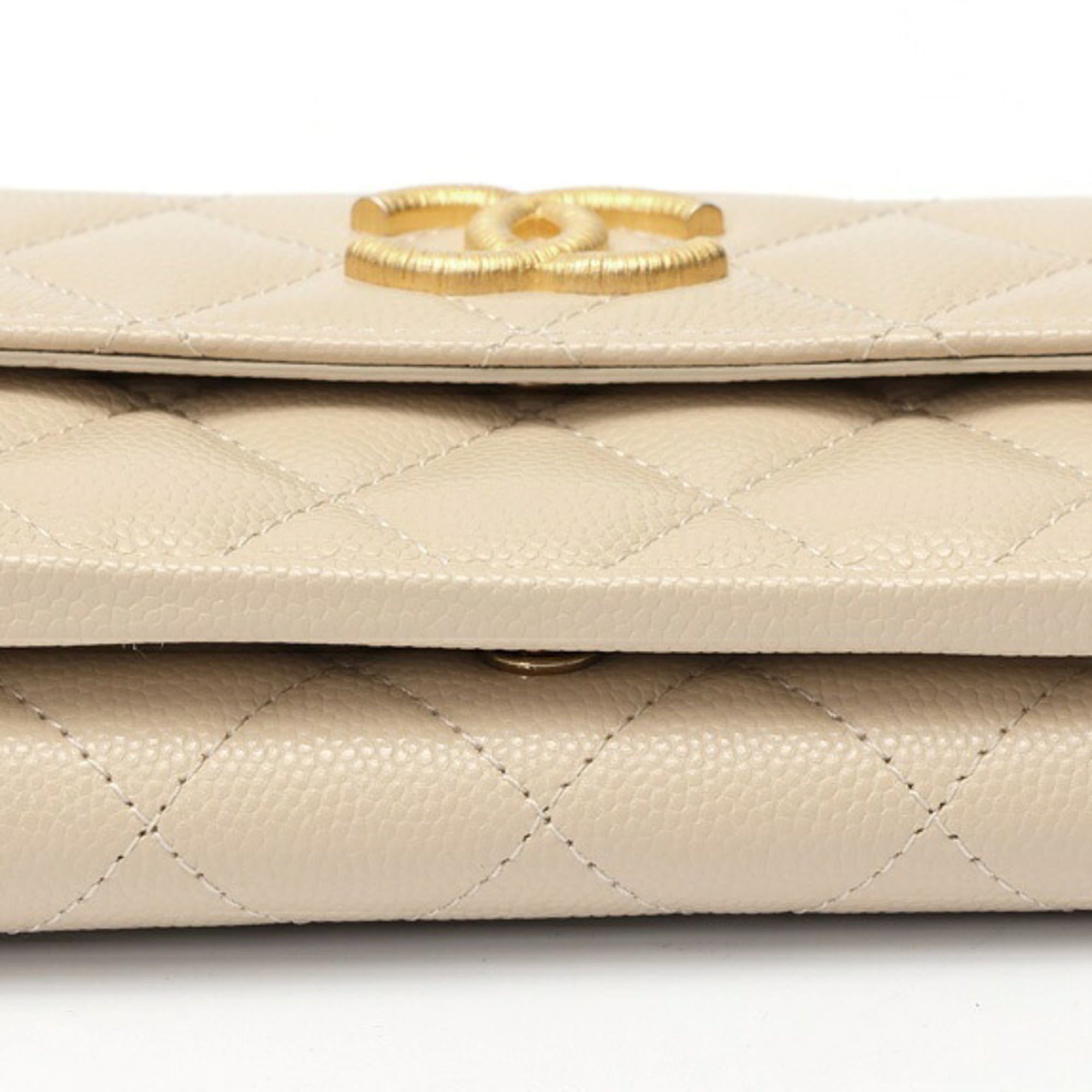 CHANEL Matelasse Small Flap Wallet Trifold AP3518 Caviar Skin Beige S-159569