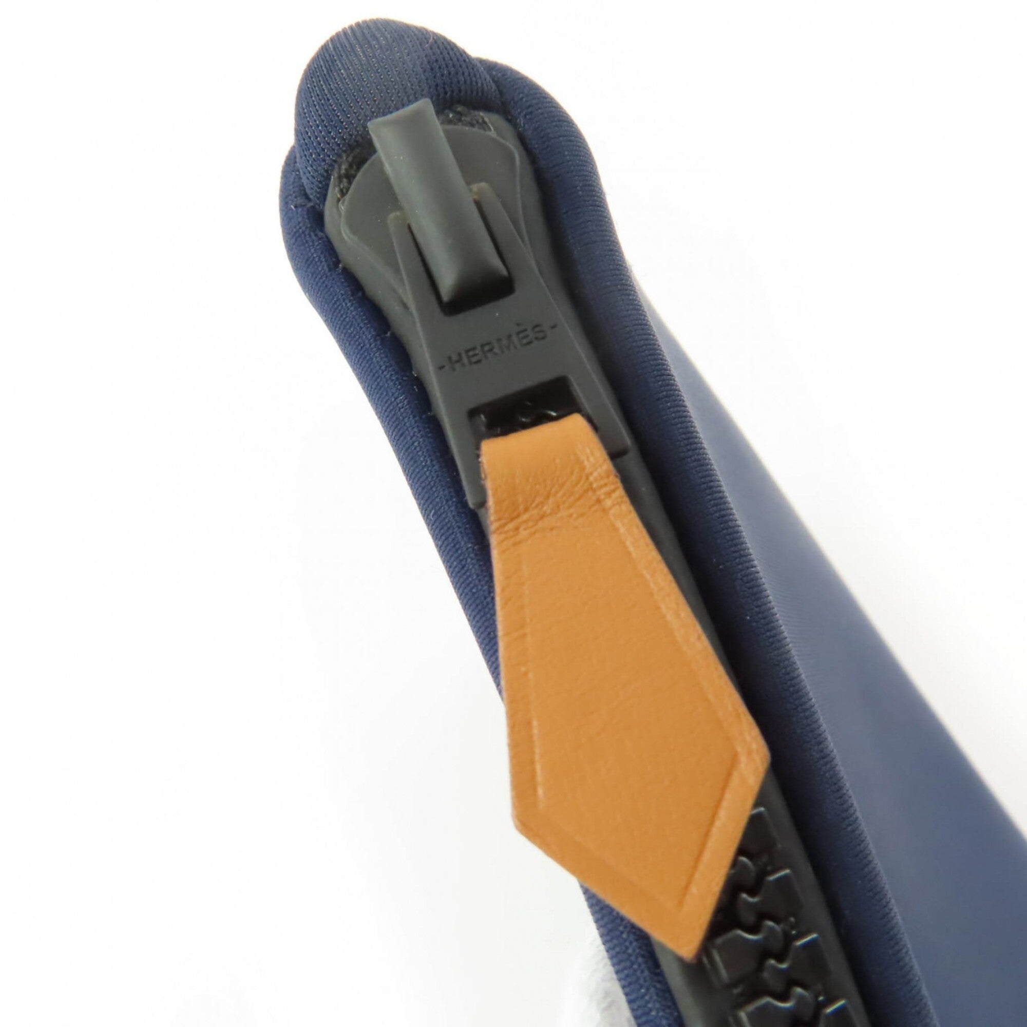 HERMES Trouse Flat PM Neoban Black Hardware Logo Zip Pouch Navy Made in France Women's — Like New