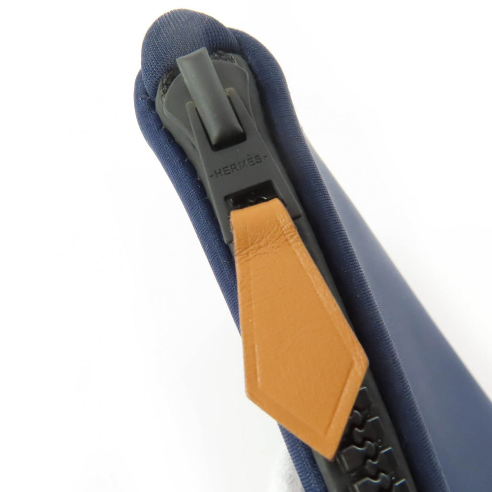 HERMES Trouse Flat PM Neoban Black Hardware Logo Zip Pouch Navy Made in France Women's — Like New