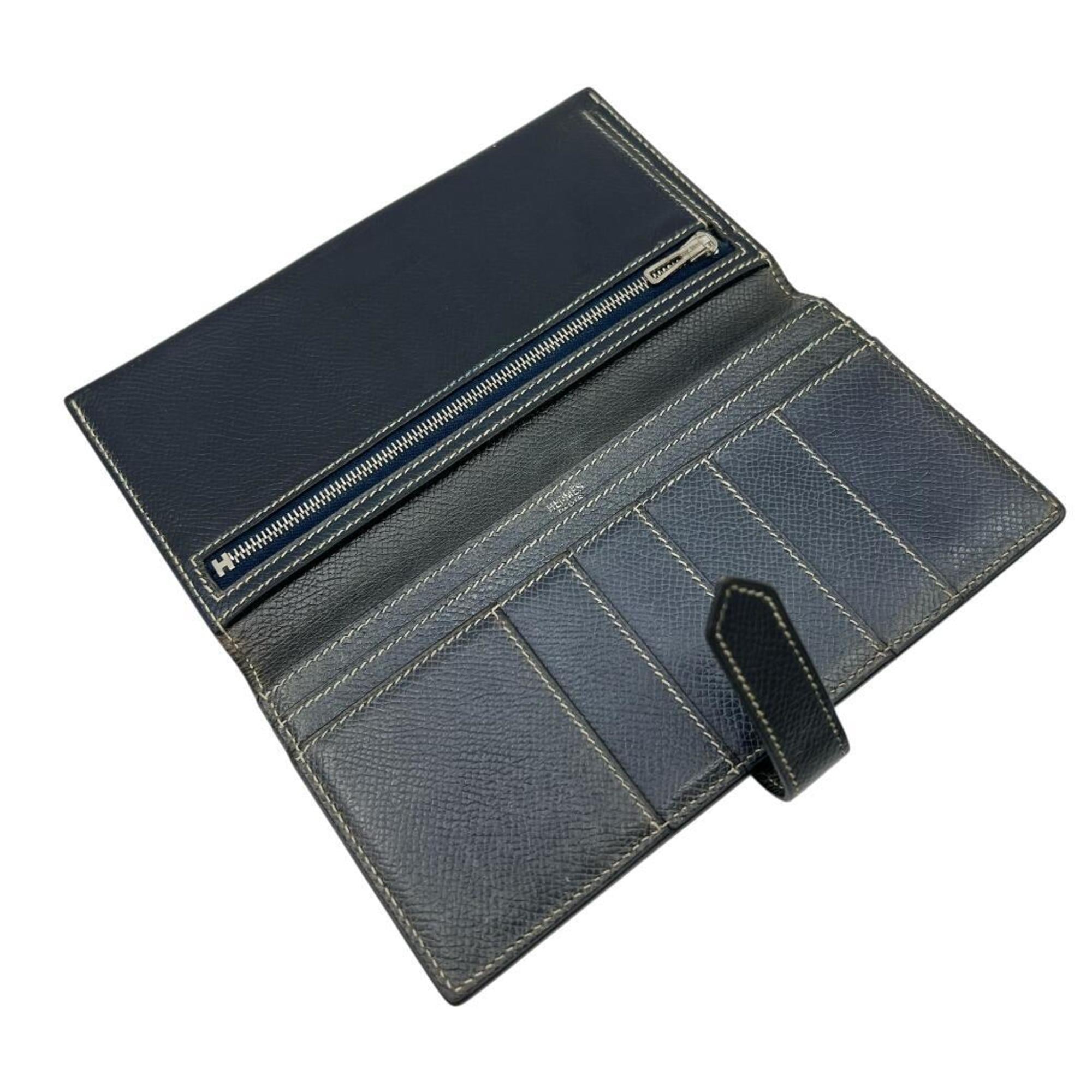 HERMES Bearn Classic Long Wallet, Couchvel, Navy Blue, E Stamp, Made in 2001, Men's and Women's