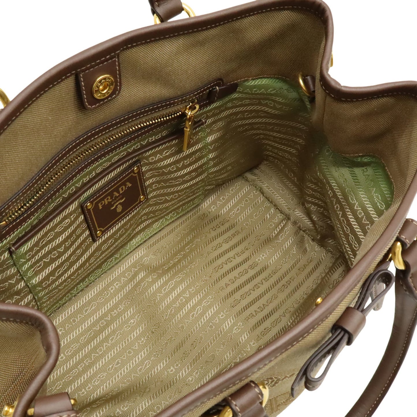 PRADA Jacquard Ribbon Handbag/Tote/Shoulder Bag in Canvas Khaki Beige and Mocha Brown (BN1841)