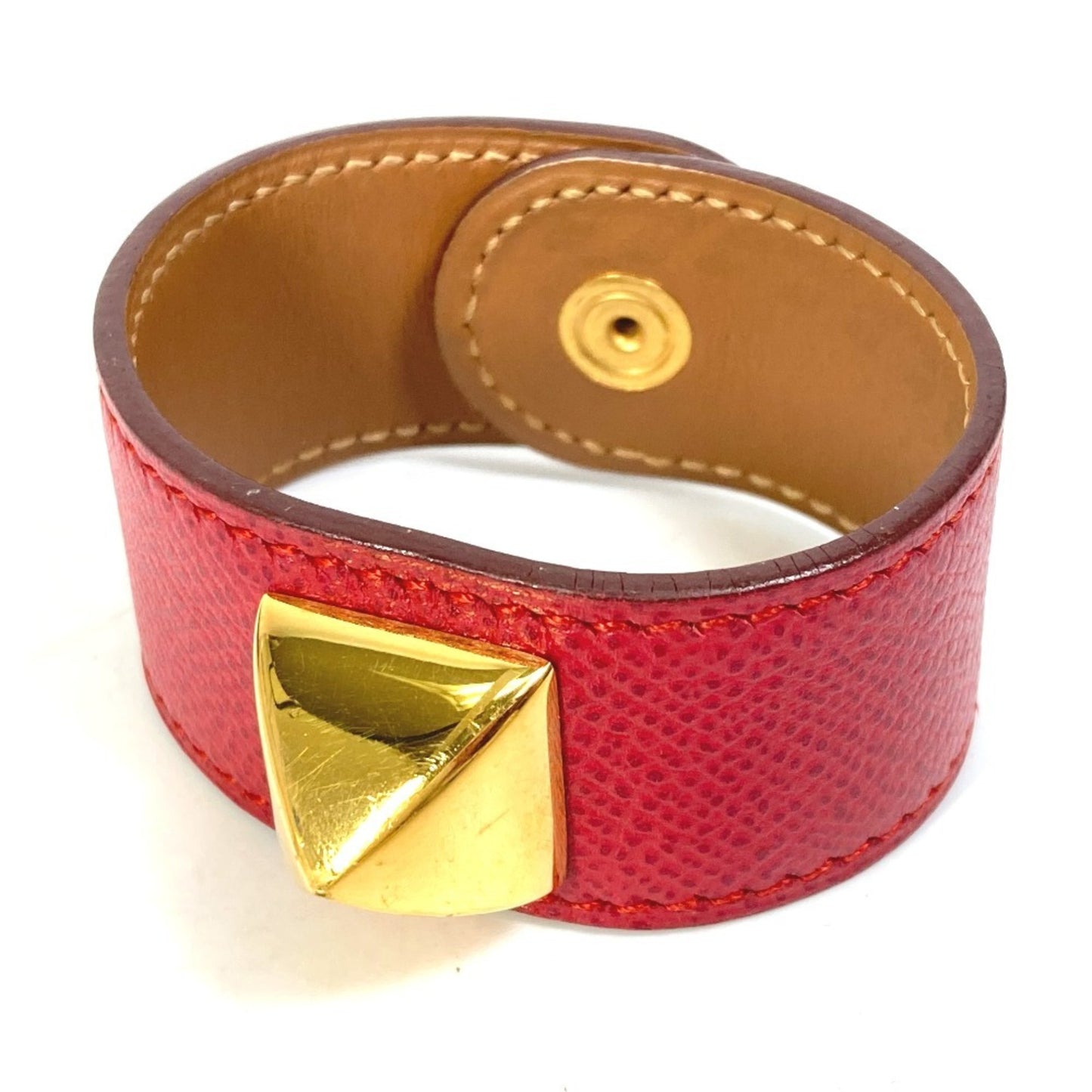HERMES Medor Leather Bangle Bracelet/GP Women's Red