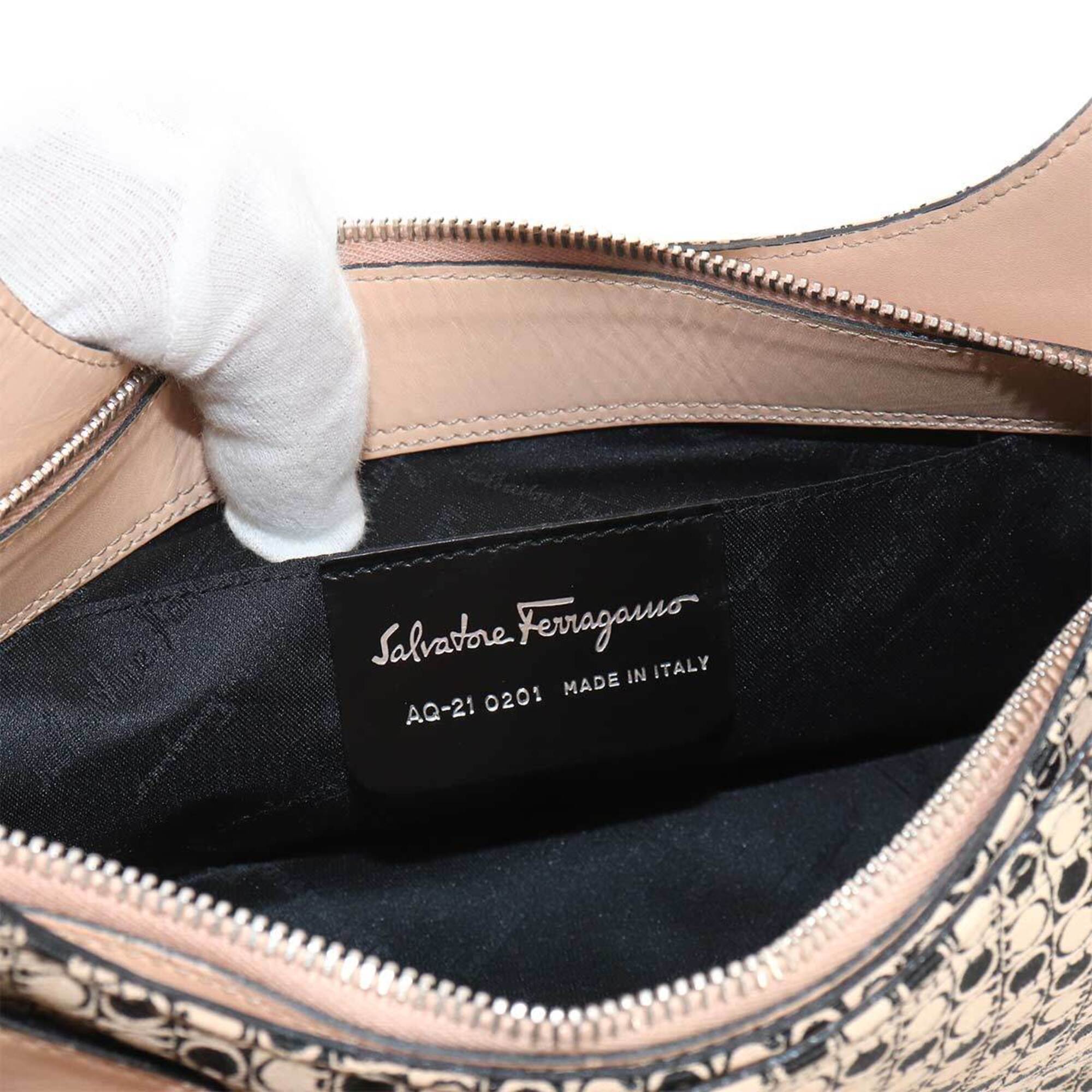 Salvatore Ferragamo Gancini Shoulder Handbag, Canvas and Leather, Beige Black, AQ-21 0201 Bag — Like New