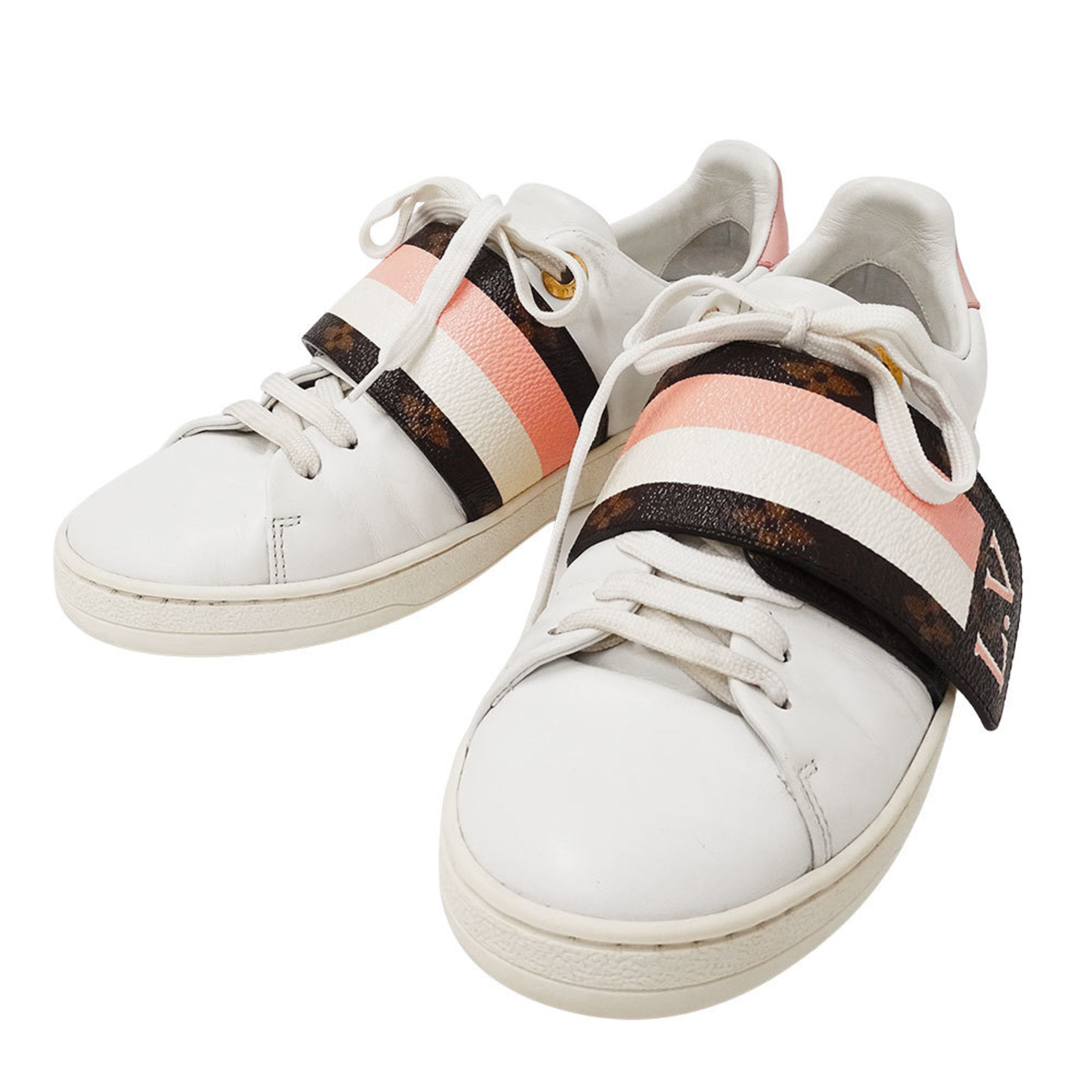Louis Vuitton Monogram Women's Leather Front Row Line Sneakers in White and Pink, Size 35 (22.5cm) with Logo