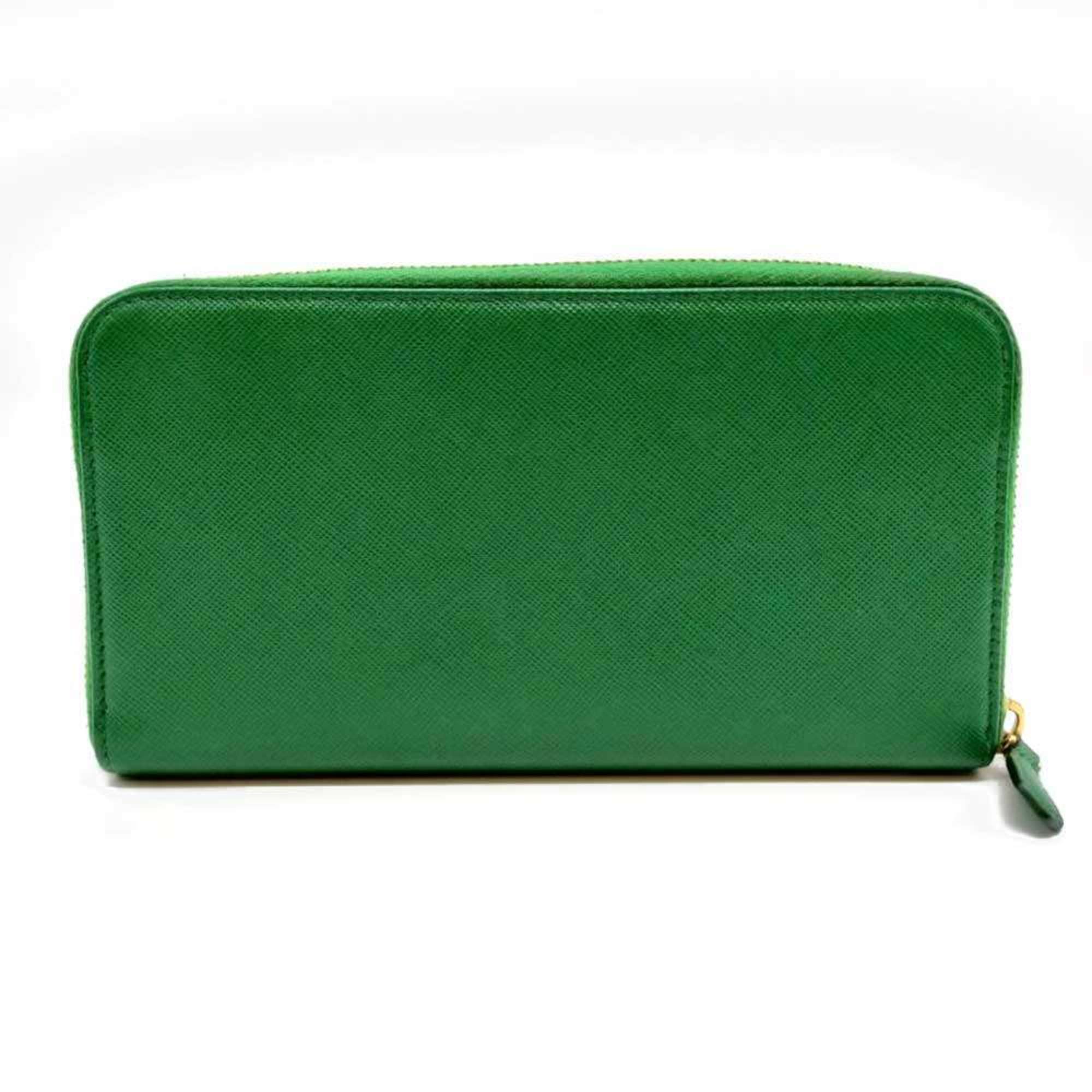 Prada round long wallet in green Saffiano leather.
