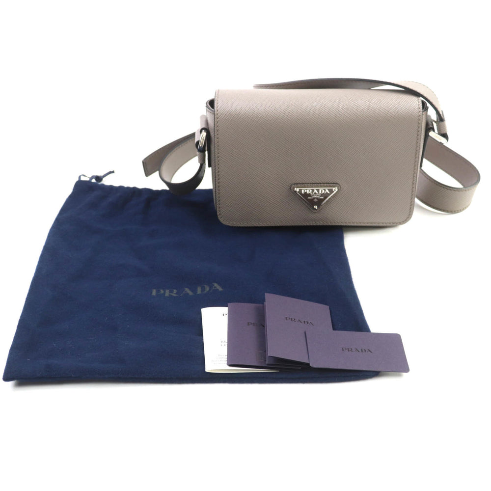 PRADA 2VD065 Saffiano Leather Argilla Shoulder Bag with Triangle Logo Plate, Dust Bag, Made in Italy, Women's — Like New