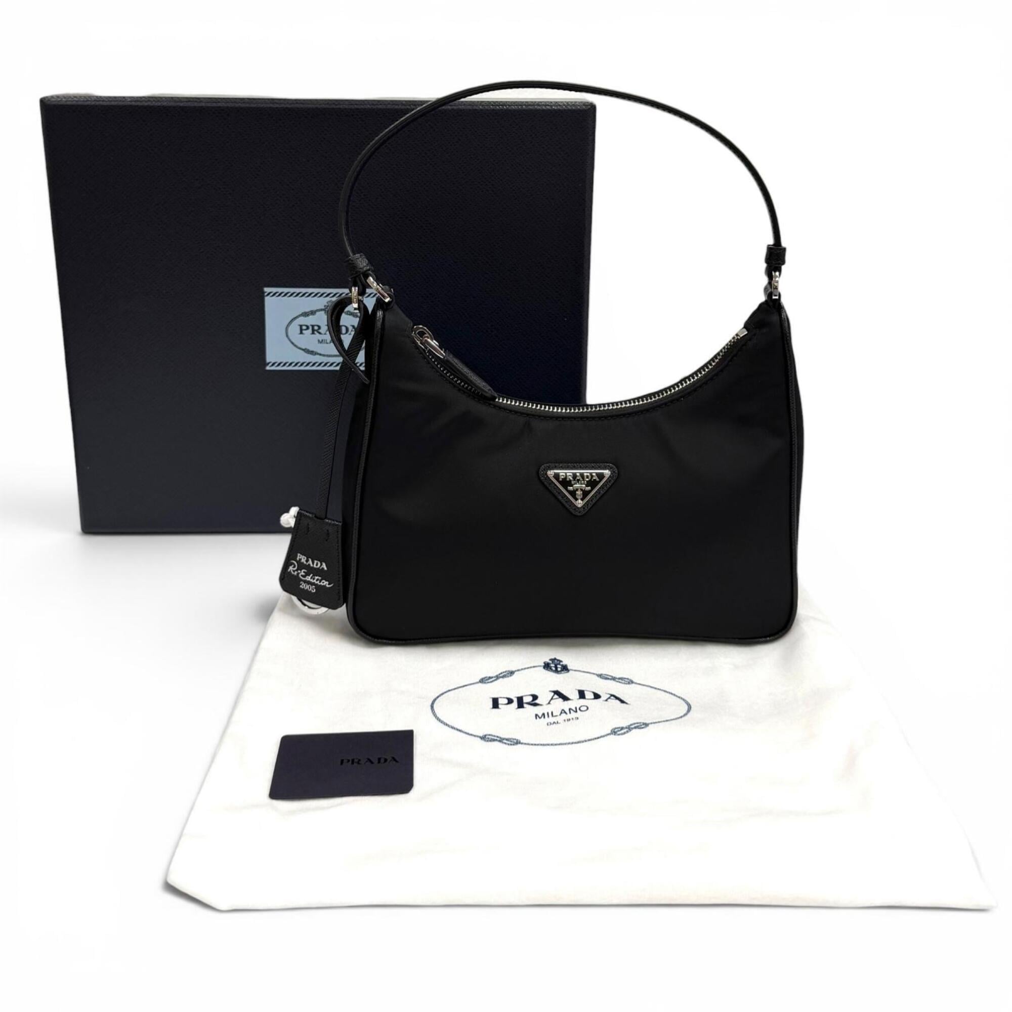 PRADA 1N204X Re-Edition 2005 Re-Nylon Triangle Logo Handbag, Black, Made in Italy, Women's, with Box and Dust Bag — Like New