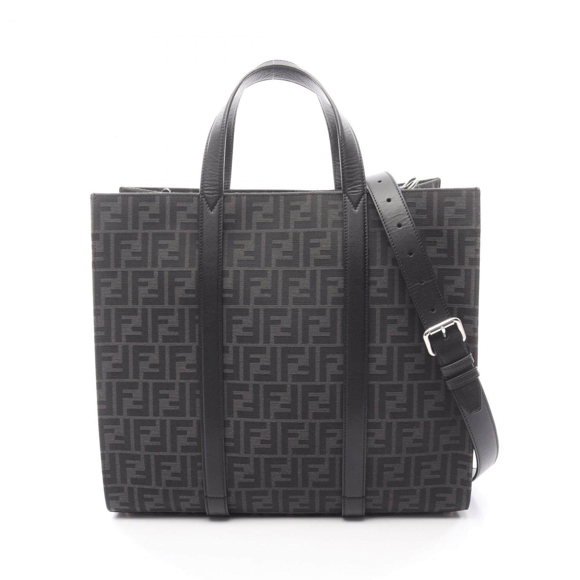 Fendi FF Jacquard Tote Bag, Canvas and Leather, Women's, Black Gray, 7VA390
