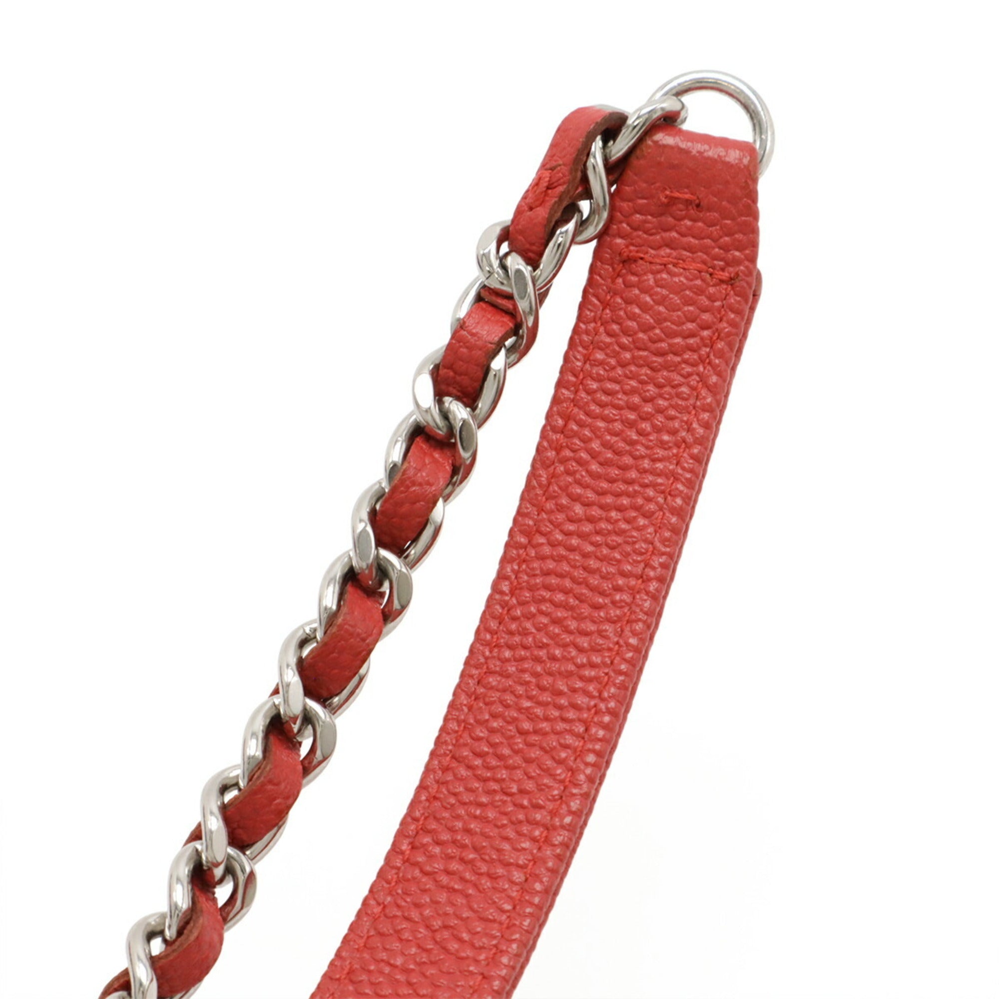 CHANEL V-Stitch Chevron Chain Wallet Shoulder Bag Pochette Caviar Leather Red Pink — Like New