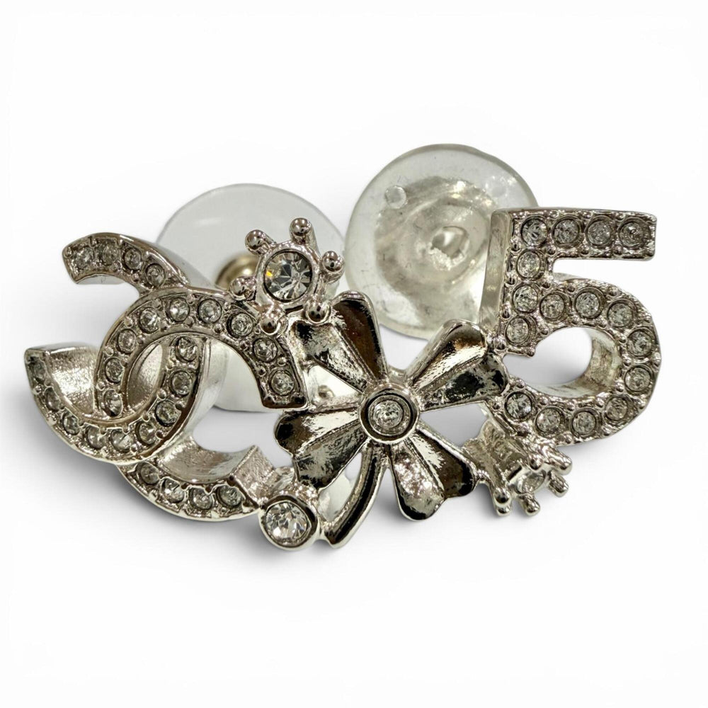 CHANEL B23P Coco Mark No. 5 Clover Rhinestone Earrings, Silver, Made in Italy, 2023 Model, Women's, with Box — Like New