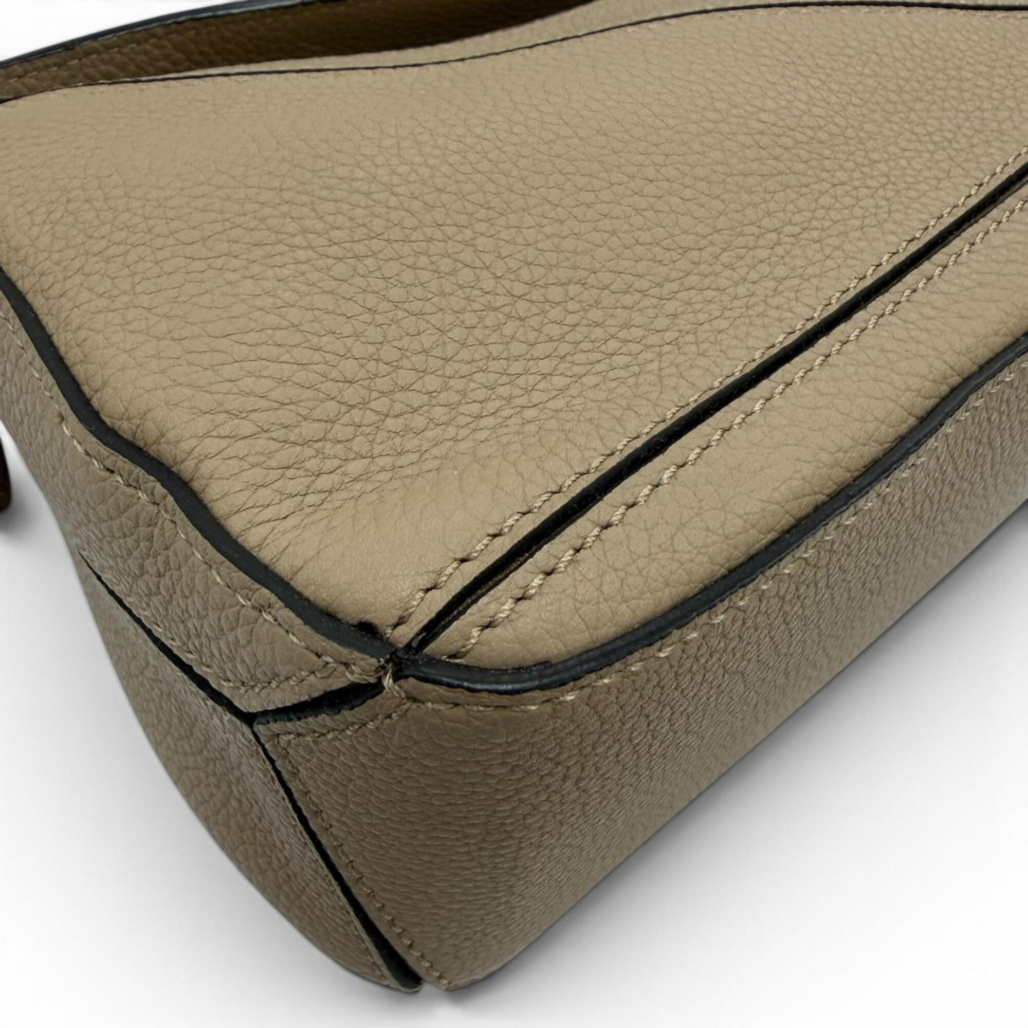 LOEWE A510U95X27 Puzzle Mini 2-Way Calf Leather Handbag/Shoulder Bag, Beige, Made in Spain, Women's, with Dust Bag — Like New