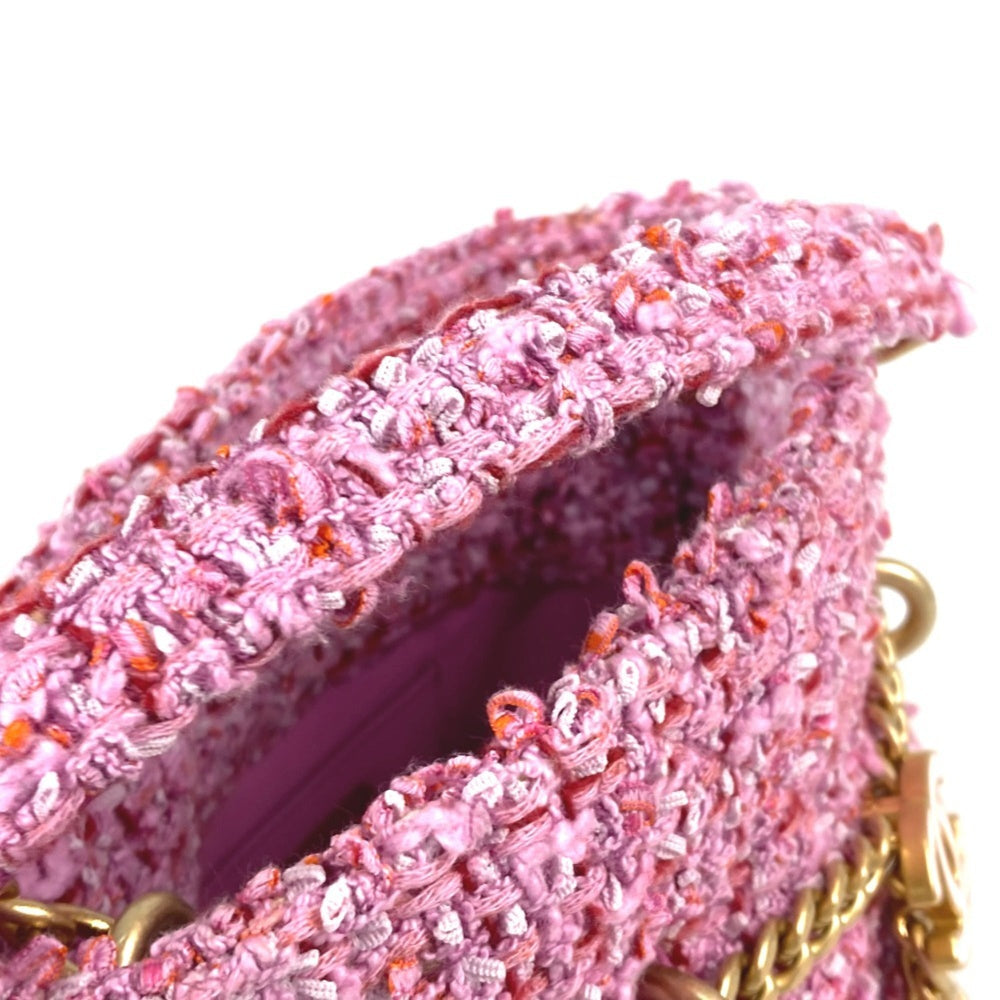 CHANEL 2022SS CC Coco Mark Chain Bucket-Shaped Pochette, 2-Way Handbag/Shoulder Bag, Tweed, Women's, Pink — Like New