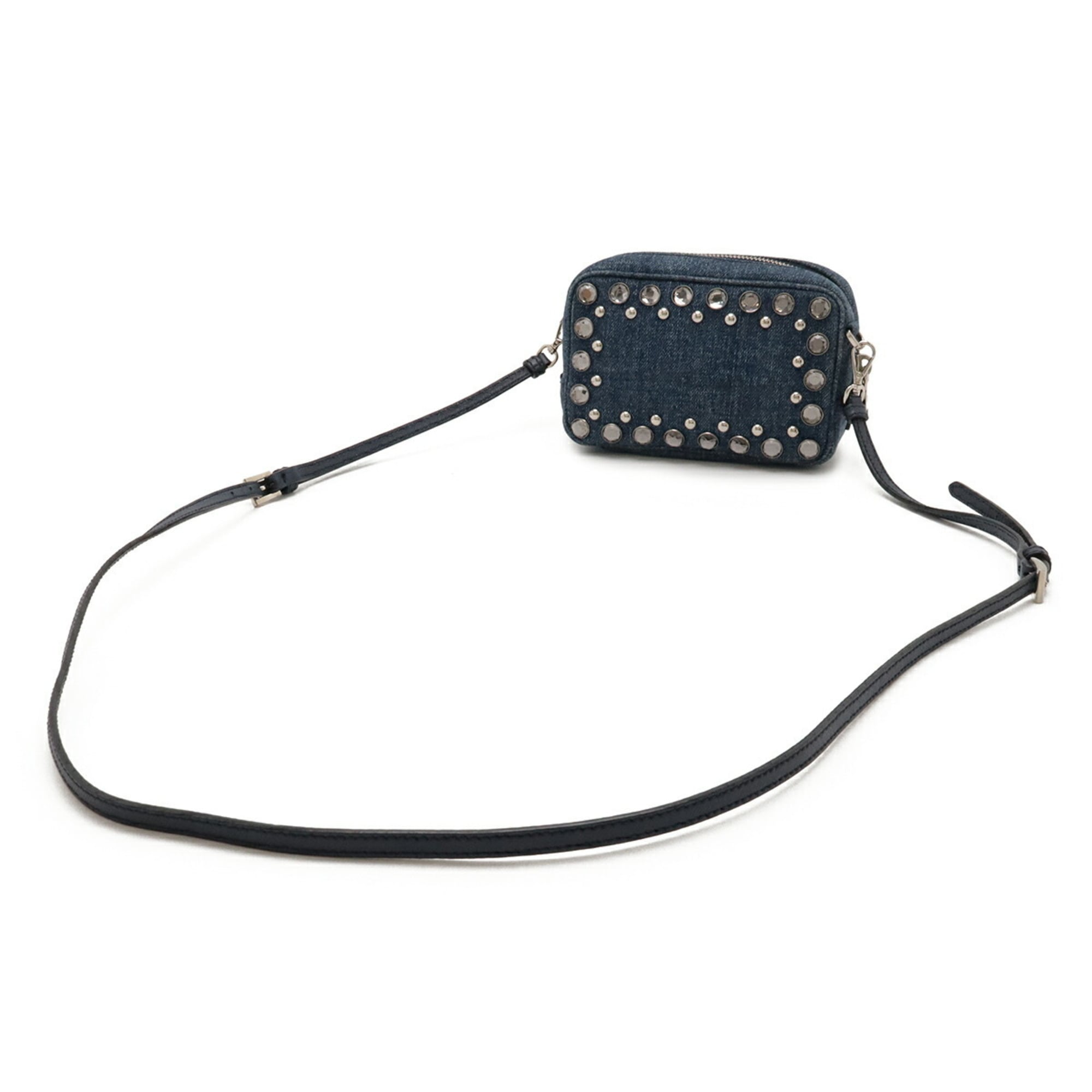 PRADA Prada Shoulder Bag Pochette Pouch Denim Beaded Leather Blue 1N1674