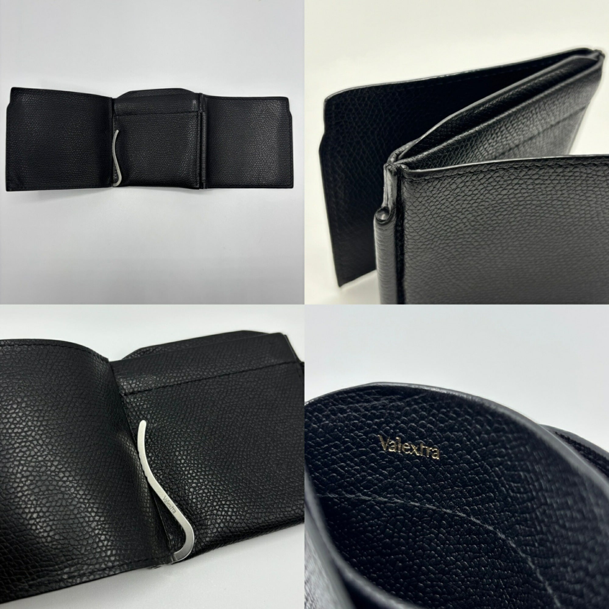 Valextra Wallet Double Money Clip Leather Black Coin Purse Billfold