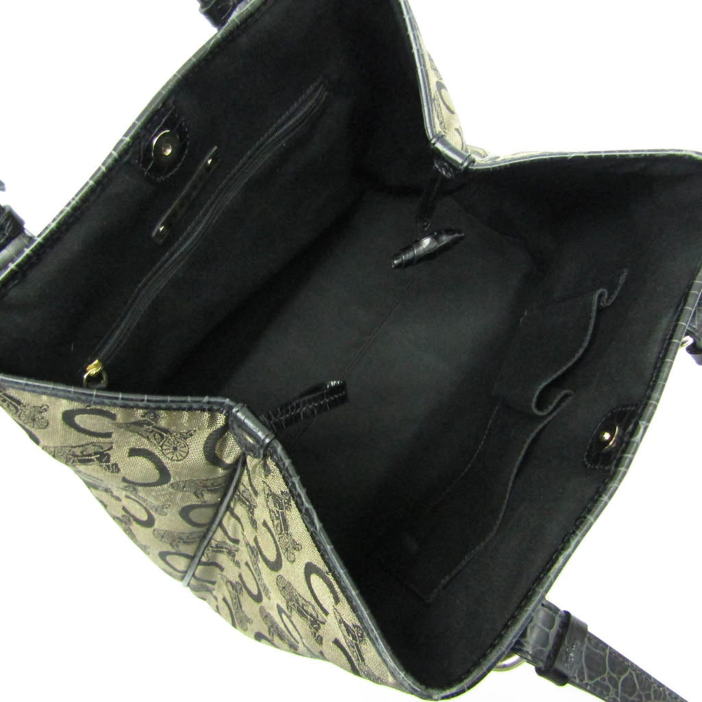 Celine C Macadam Carriage Pattern Women's Canvas,Leather Tote Bag Beige,Black