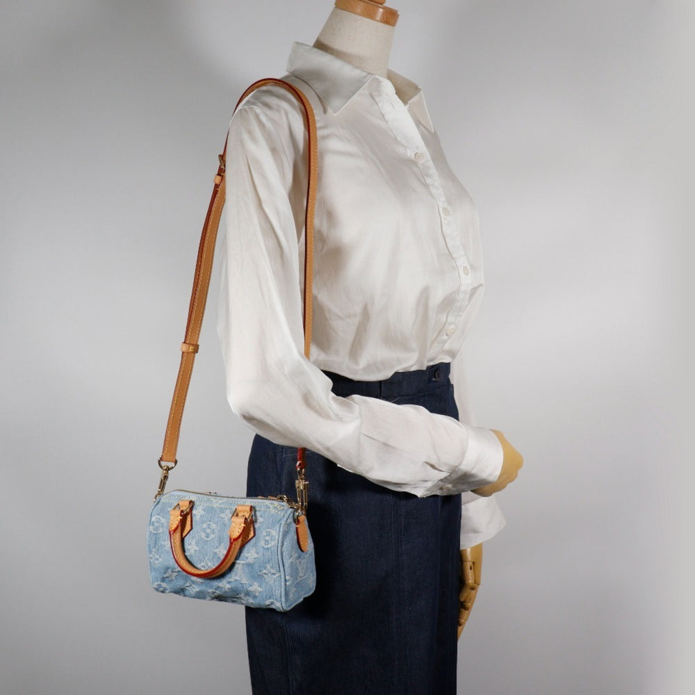 Louis Vuitton Nano Speedy Handbag, 2-Way Shoulder Bag, M11212, Monogram Denim, Sky Blue, Zipper, Women's — Like New