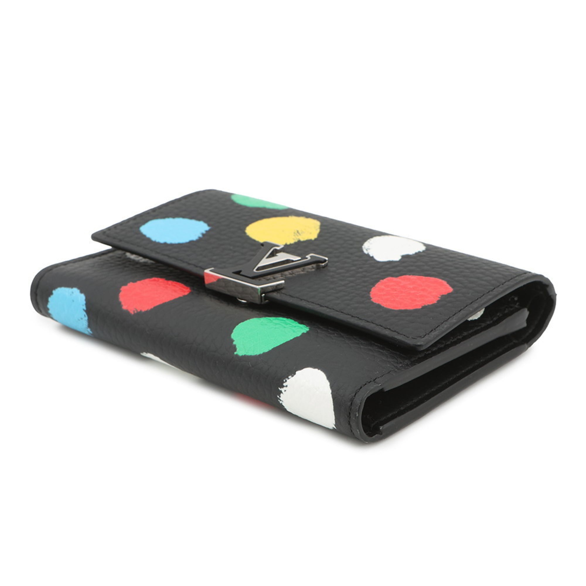 Louis Vuitton Tri-fold Wallet, Taurillon Leather/Painted Dots, LV×YK, Portefeuille Capucines Compact, M81963, Black, Designed by Yayoi Kusama