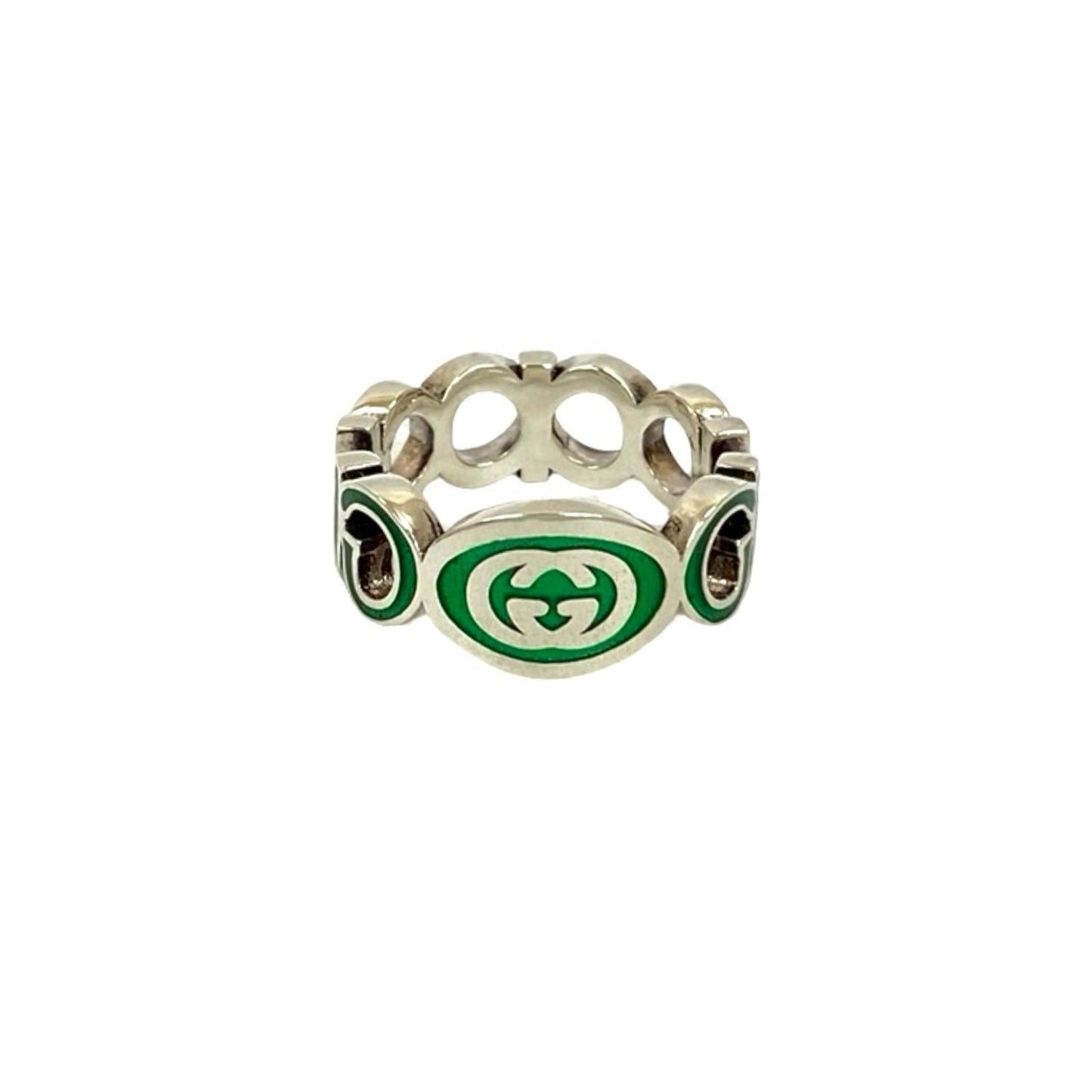 GUCCI Interlocking G Enamel Ring in Silver 925, Green, 46037