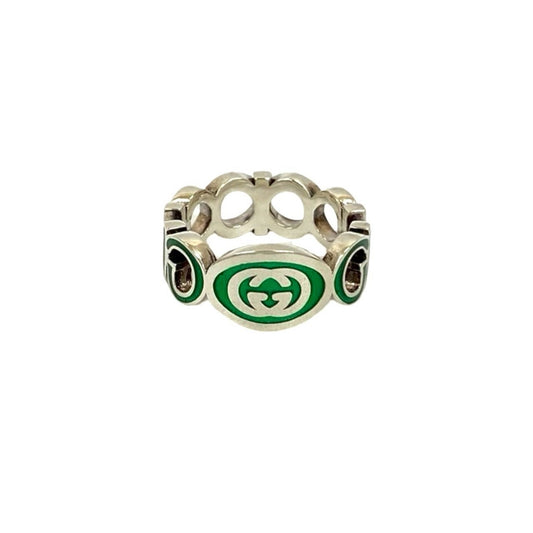 GUCCI Interlocking G Enamel Ring in Silver 925, Green, 46037