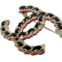 CHANEL CC Brooch Coco Black Pink B23B Champagne Gold Leather Chain Women's Men's — Like New