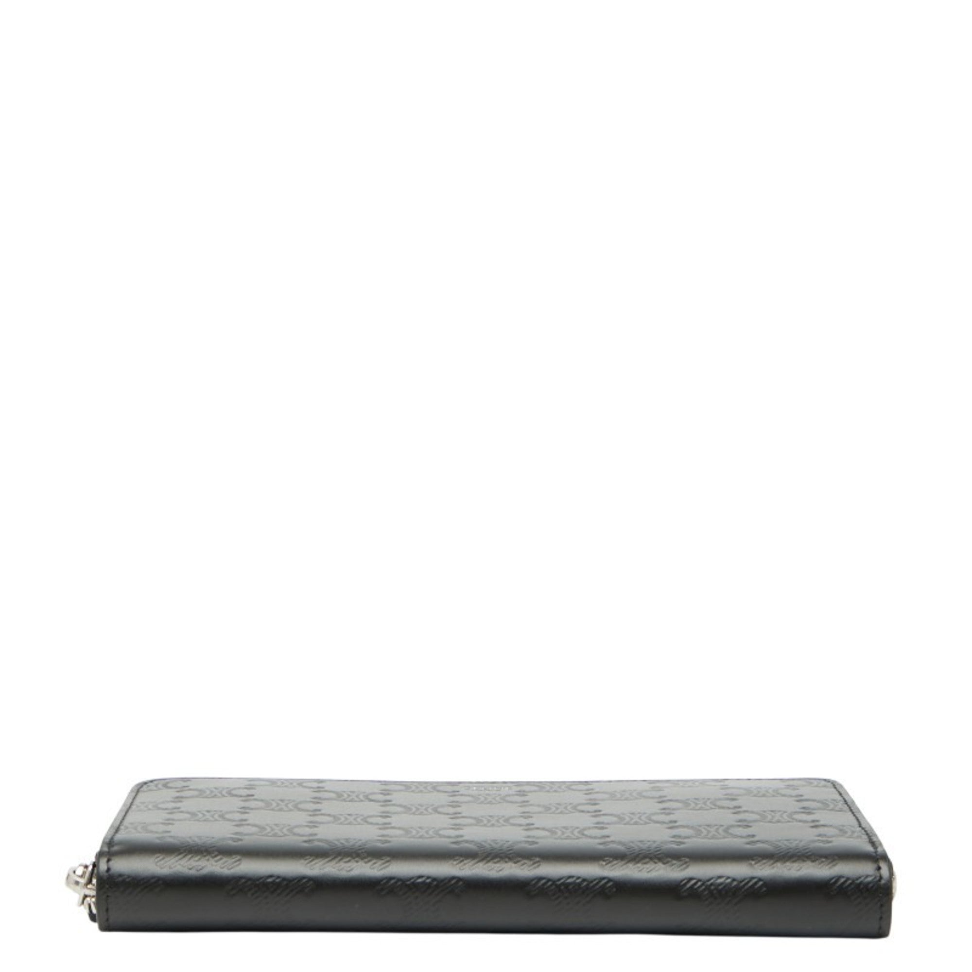 Celine Triomphe round zip long wallet in black leather for women.