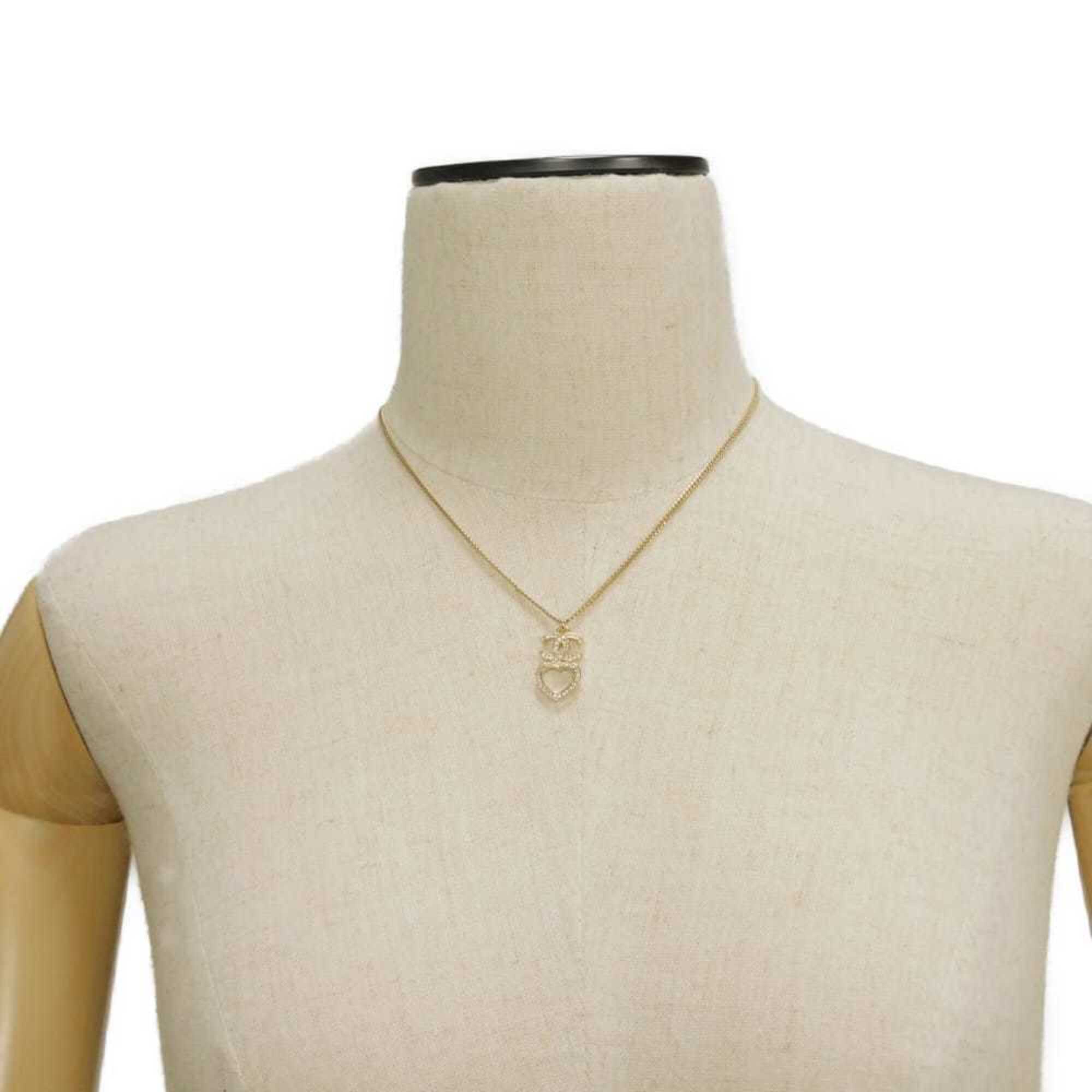 Chanel necklace, Coco Mark, heart, crystal, costume pearl, rhinestone, metal, F23B, CC mark, clear, ABB651, women's — Like New