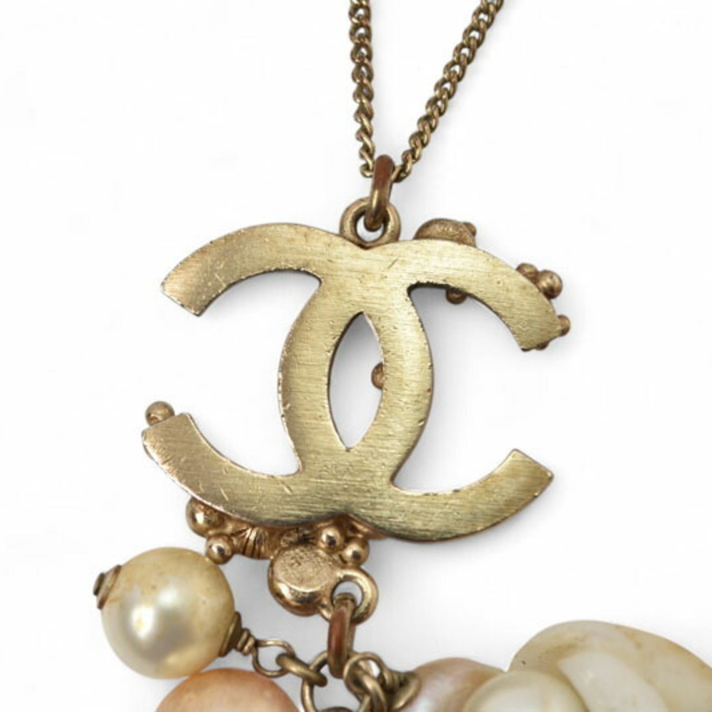 Chanel Long Necklace Pendant CHNAEL Coco CC Pearl Shell Motif Gold Rose 07