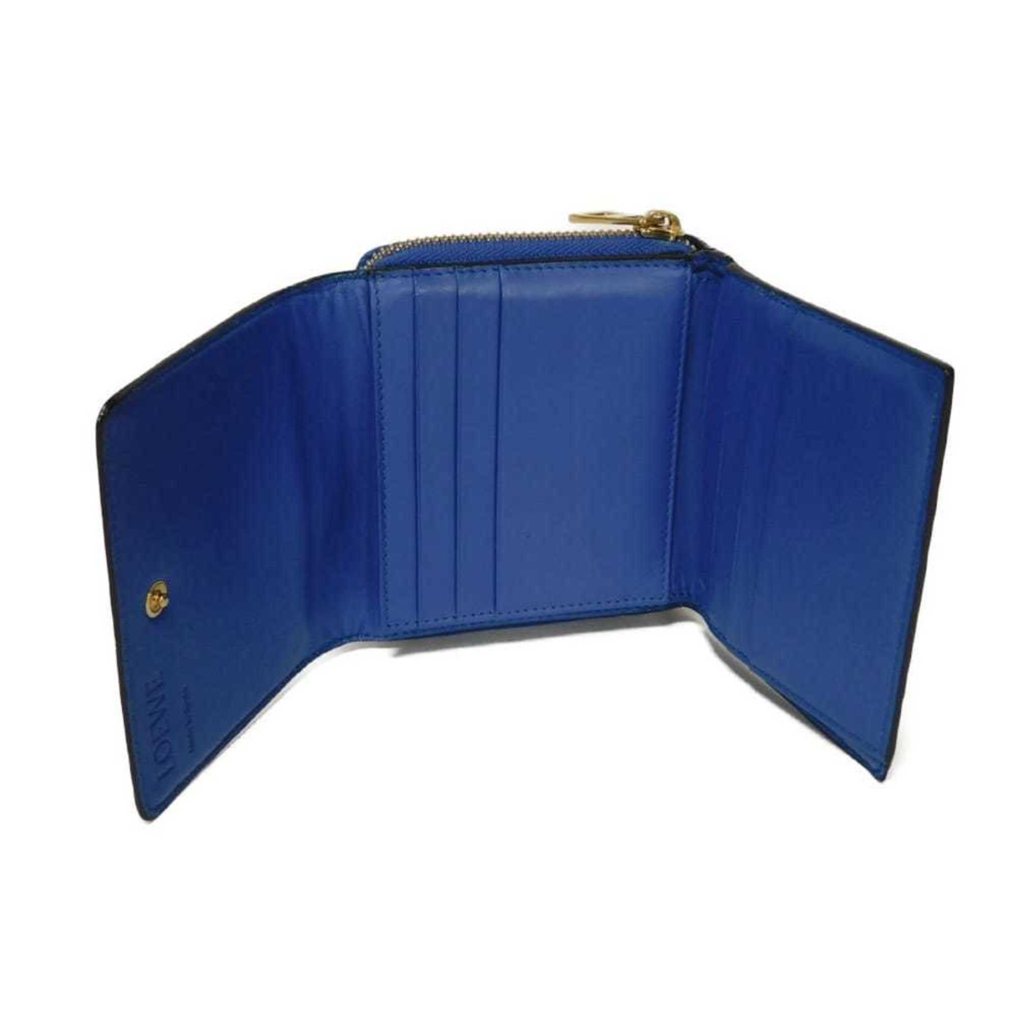 LOEWE Tri-fold Wallet, Linen, Zip, Compact, Textured Calfskin, Round, Anagram Embossed, Blue, Men's and Women's
