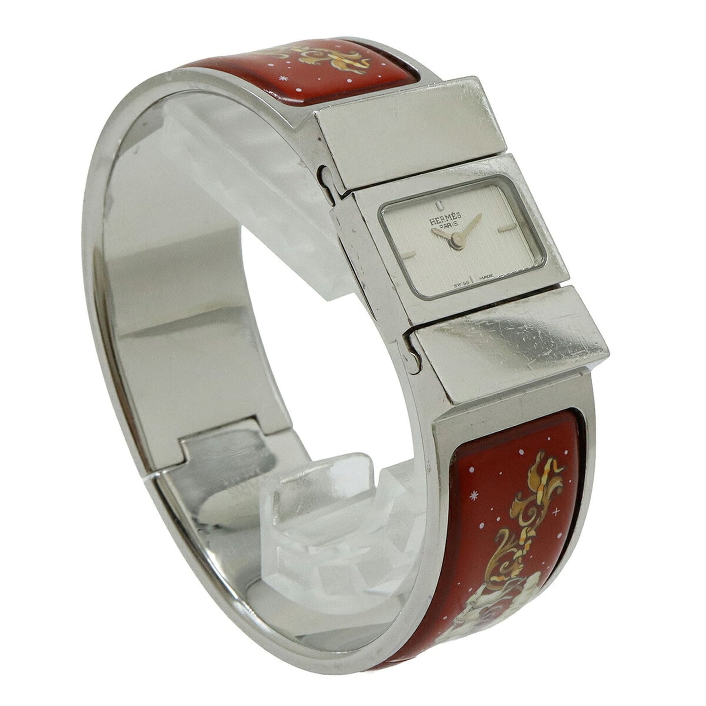 HERMES Locé Silver Dial Bangle GP Enamel Women's Quartz Watch LO1.210