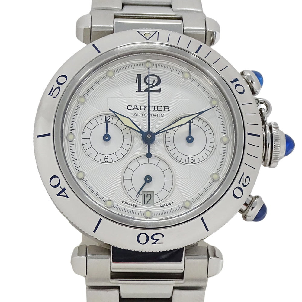 Cartier Pasha Chronograph Automatic Watch for Men, Stainless Steel (SS) W31030H3, Silver, with Open Caseback — Good