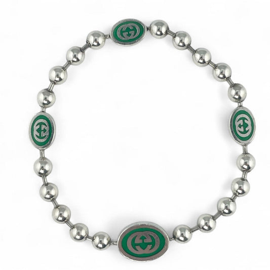 GUCCI Interlocking G Ball Chain Bracelet, AG925 Silver, Size 17, Made in Italy, Women's