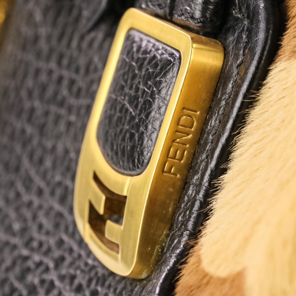 FENDI Chameleon Bag, Leather and Harako 2-Way Handbag, Black Brown, Women's