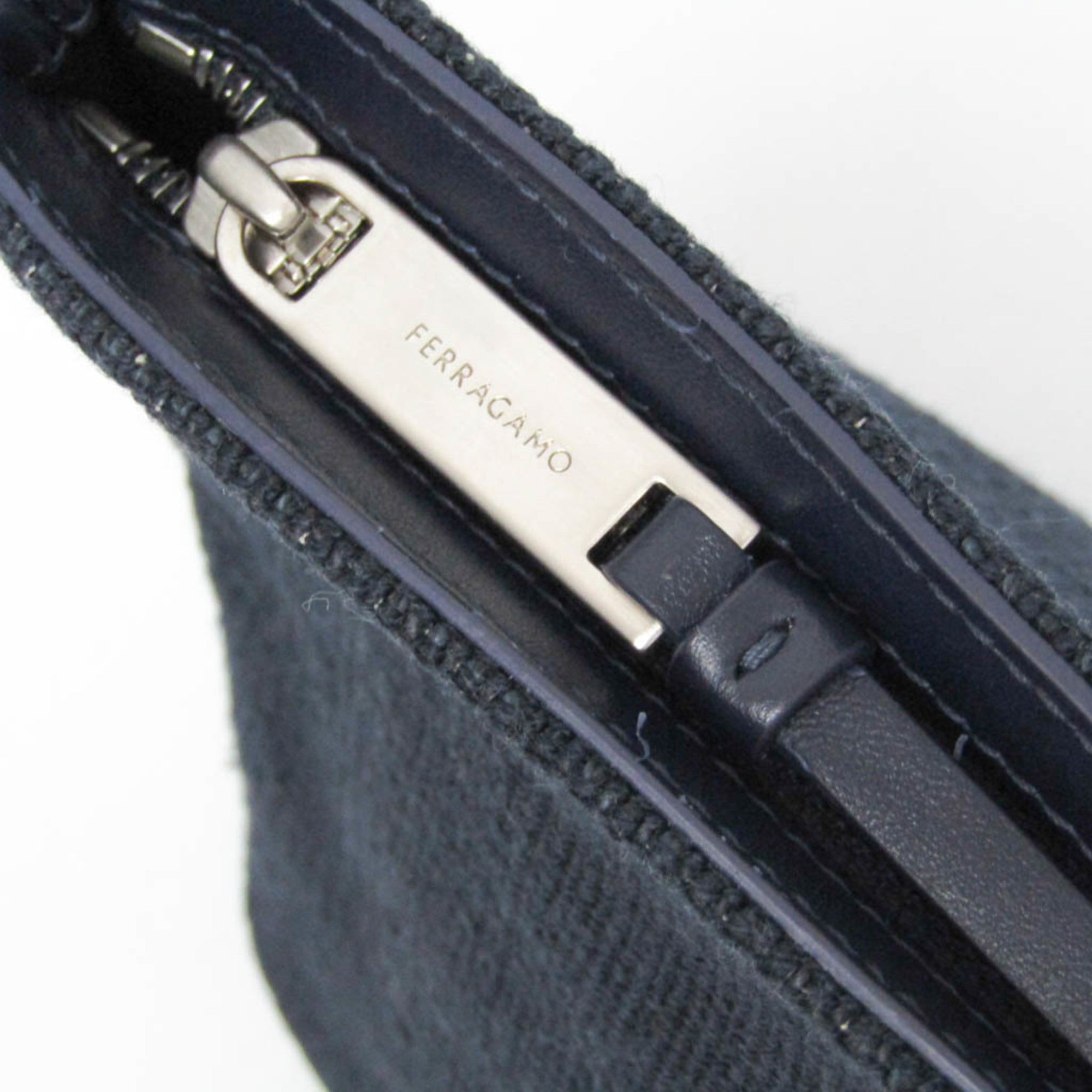 Salvatore Ferragamo Logo EE-24 1638 Women,Men Leather,Cotton Pouch Cream,Navy — Like New