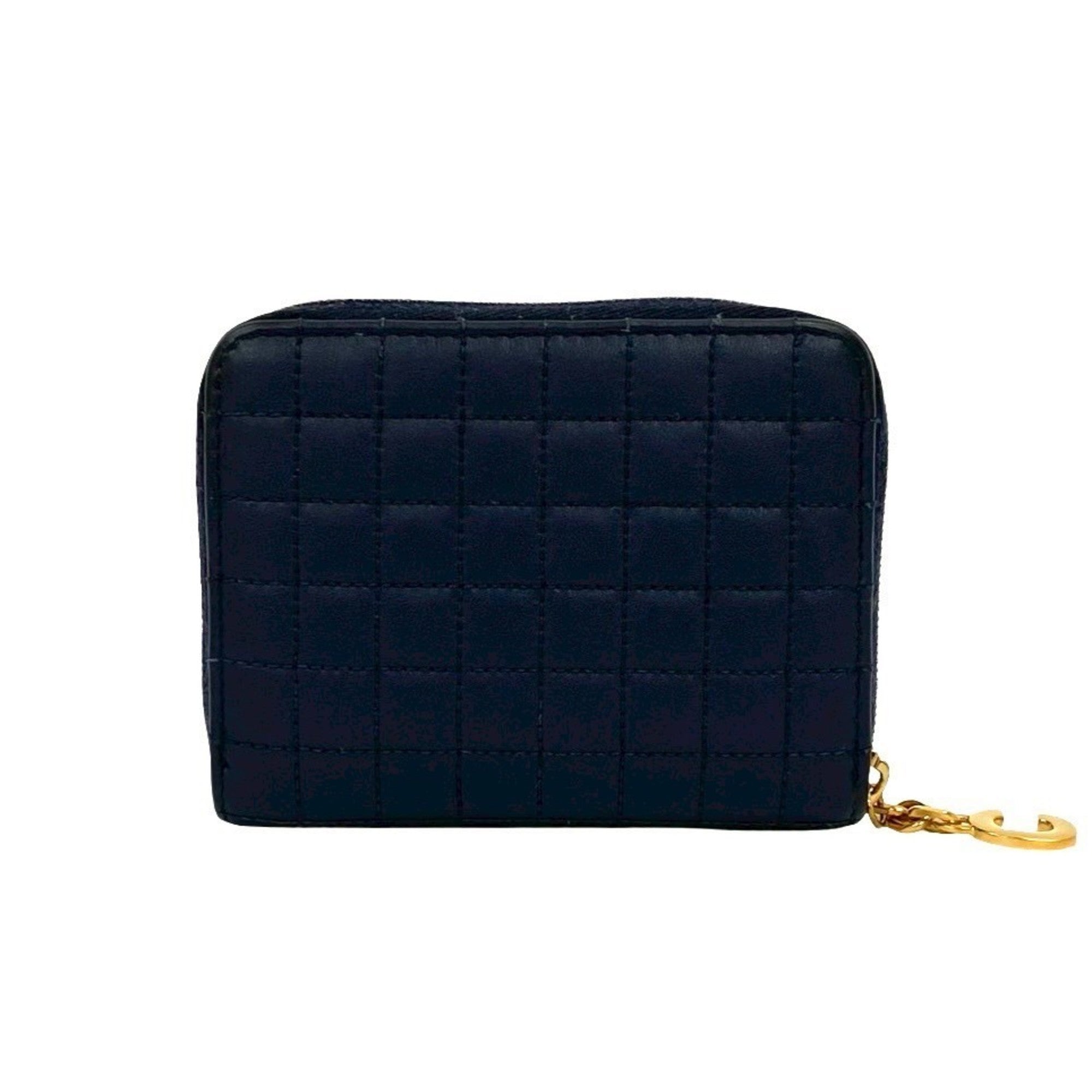 CELINE C Charm Compact Wallet, Quilted Leather, Genuine Round Zip, Bifold Navy, 37267