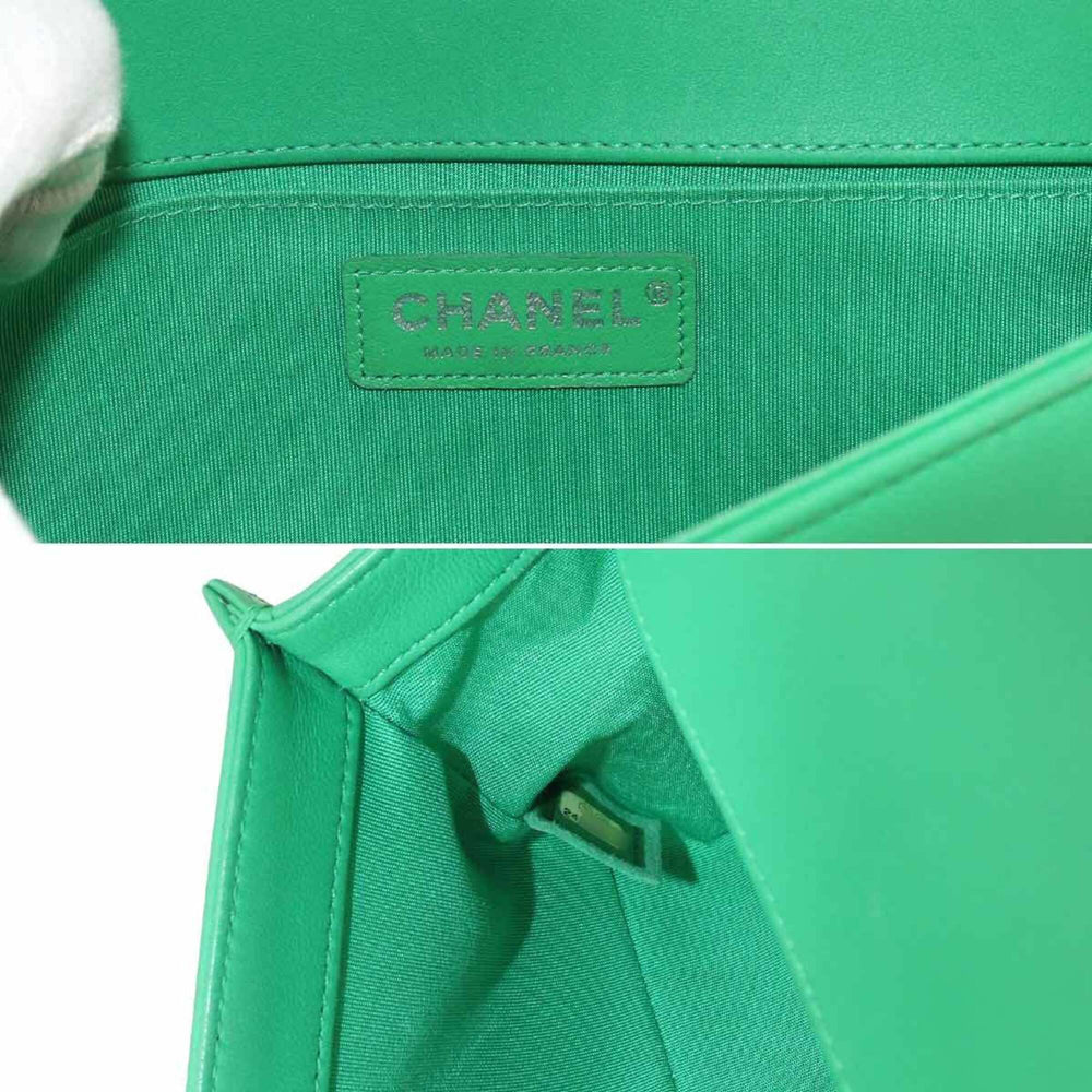 Chanel Boy Chain Shoulder Handbag, Lambskin, Green, A67086, Silver Hardware — Like New