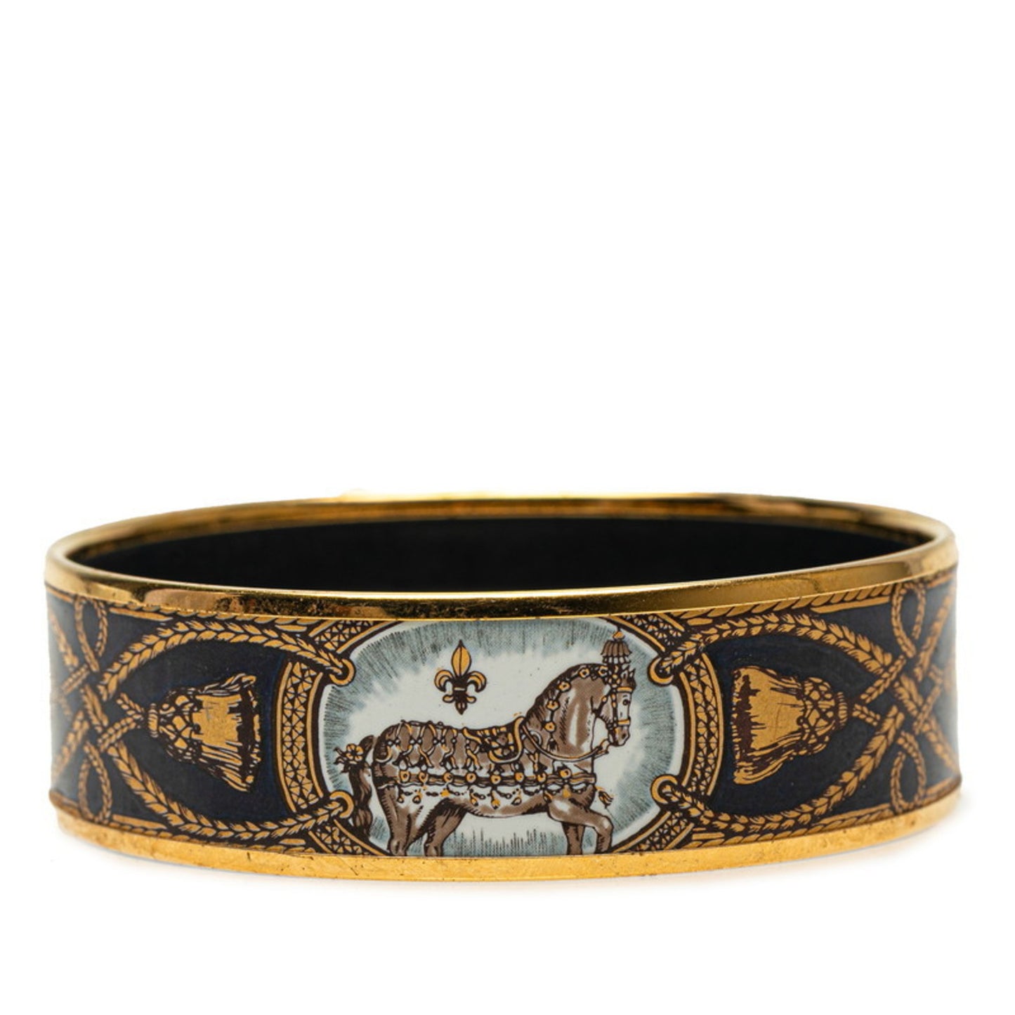 Hermes enamel GM cloisonné horse motif bangle in gold, black, and multicolored plating for women.