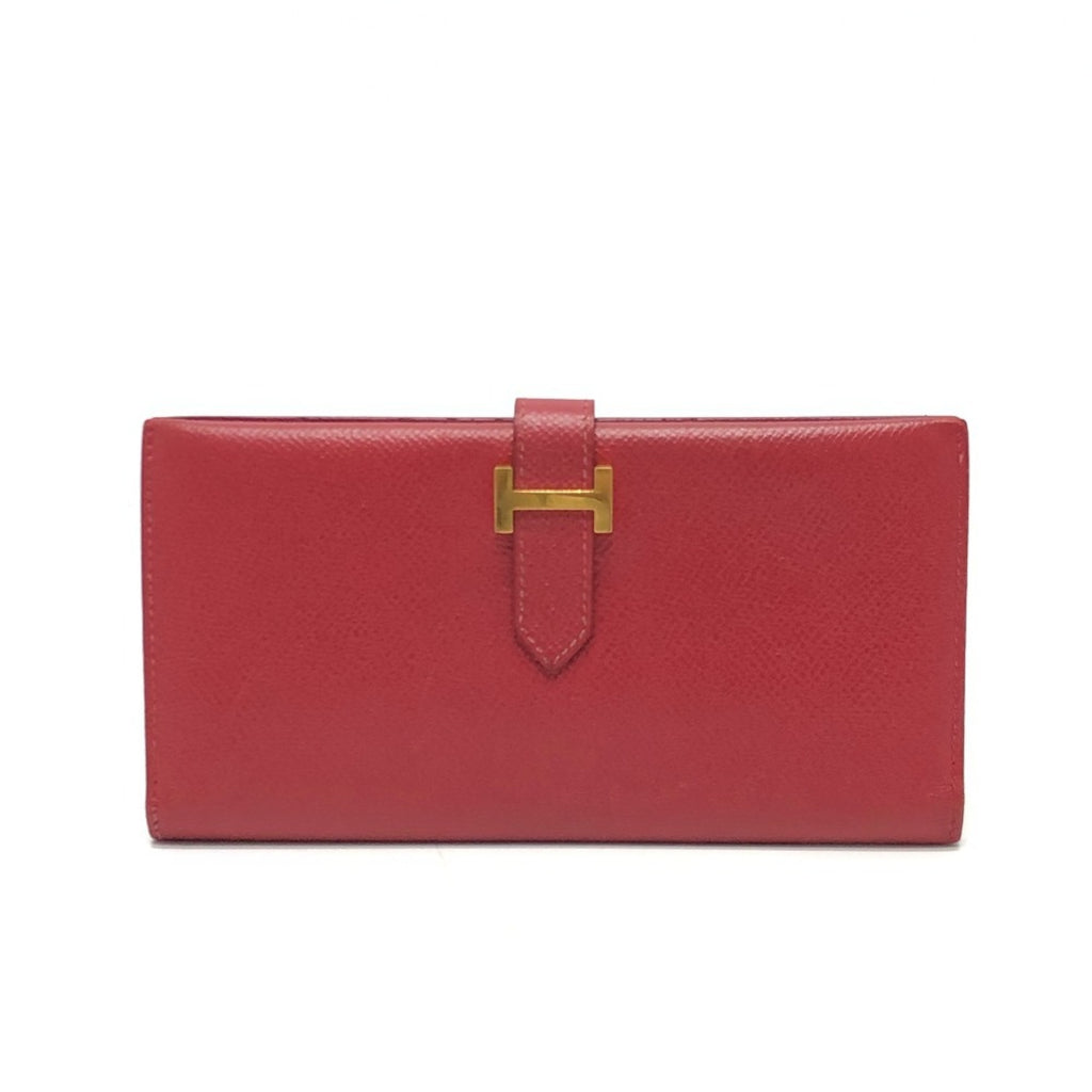 HERMES Bearn Soufflet Bifold Long Wallet, Women's, Red