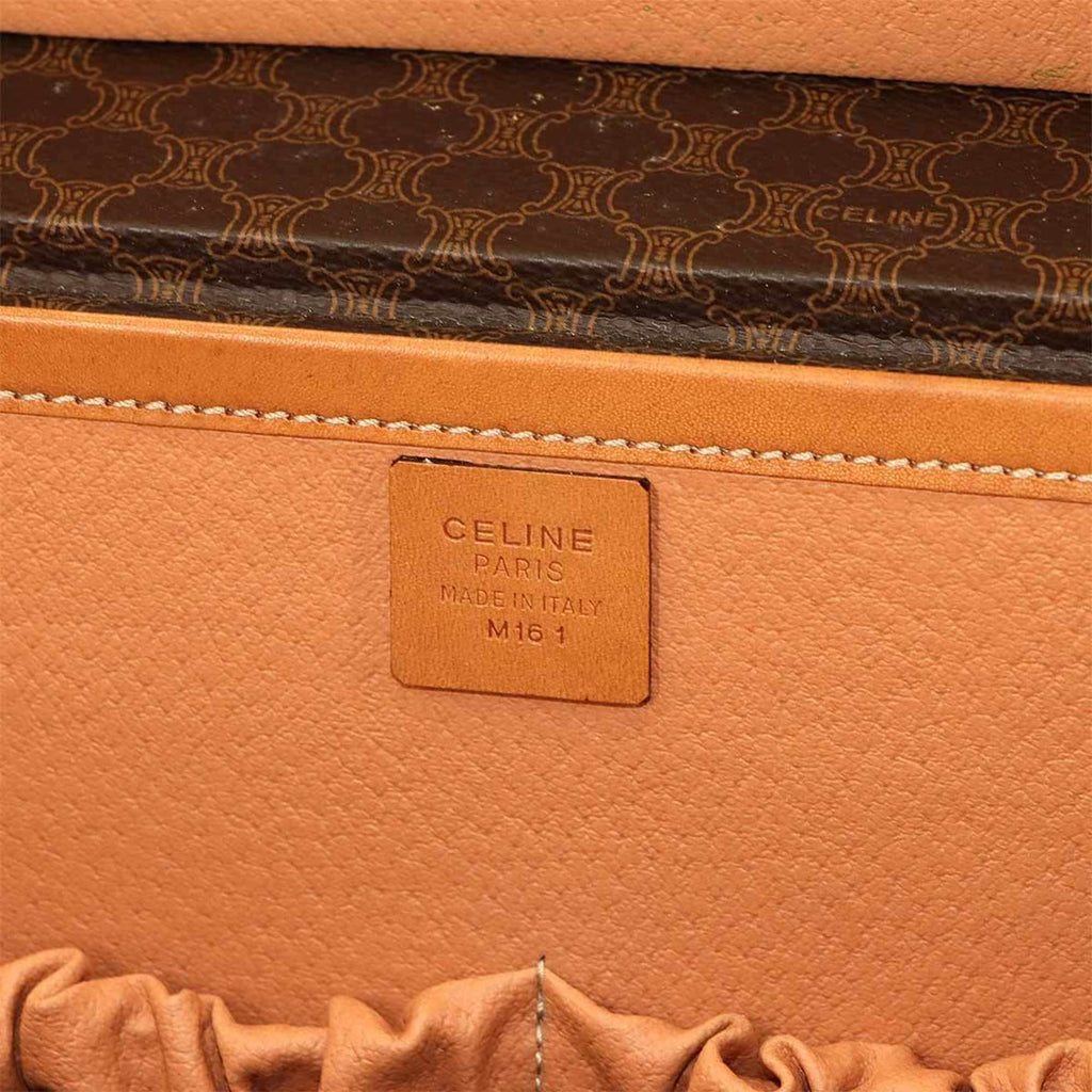 Celine Macadam Vanity 2-way hand/shoulder bag in brown PVC leather with gold hardware.