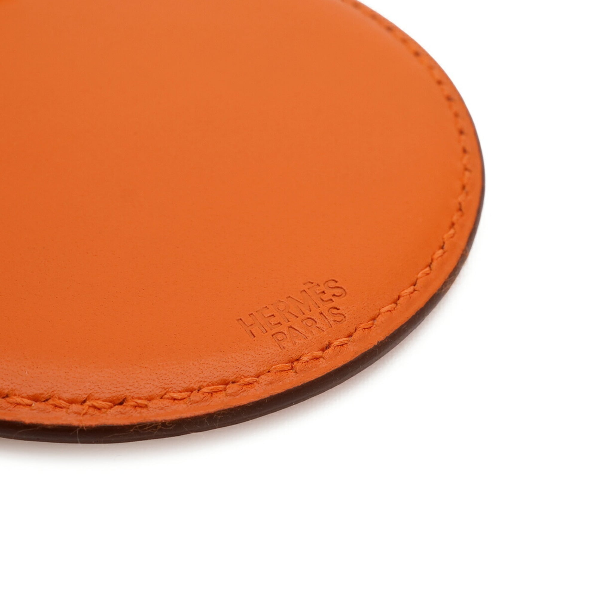 HERMES Hermes Magnifying Glass Necklace Pendant Circle Round Leather Orange — New - Store Return