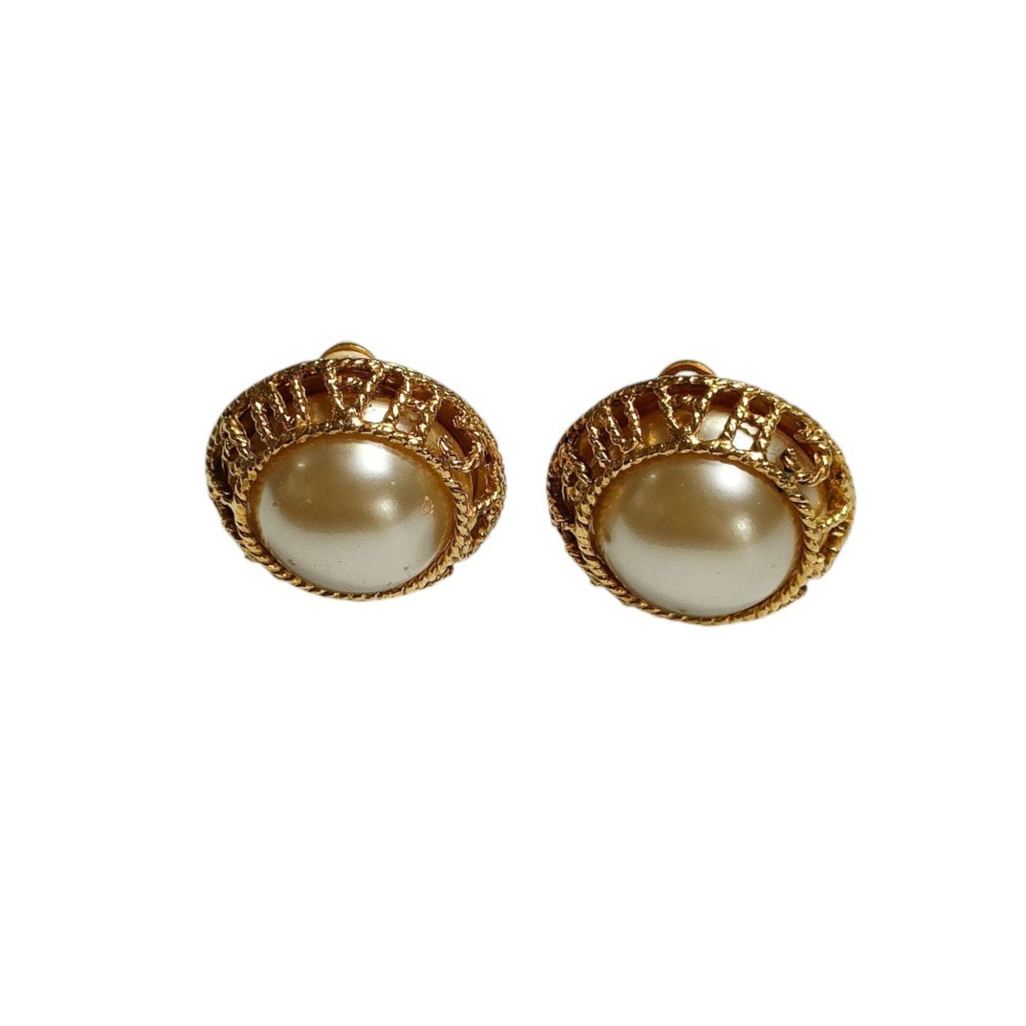 CHANEL Vintage Faux Pearl Circle Clip Earrings, Gold, with Box, Women's