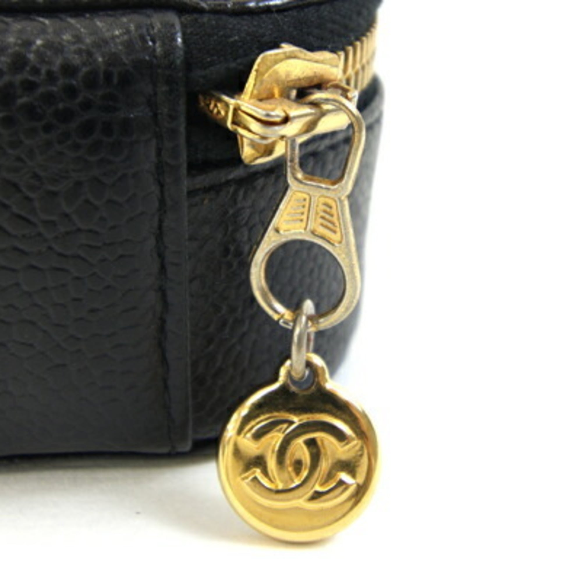 CHANEL Case Coco Mark A02786 Black Caviar Leather Pouch Round Women's