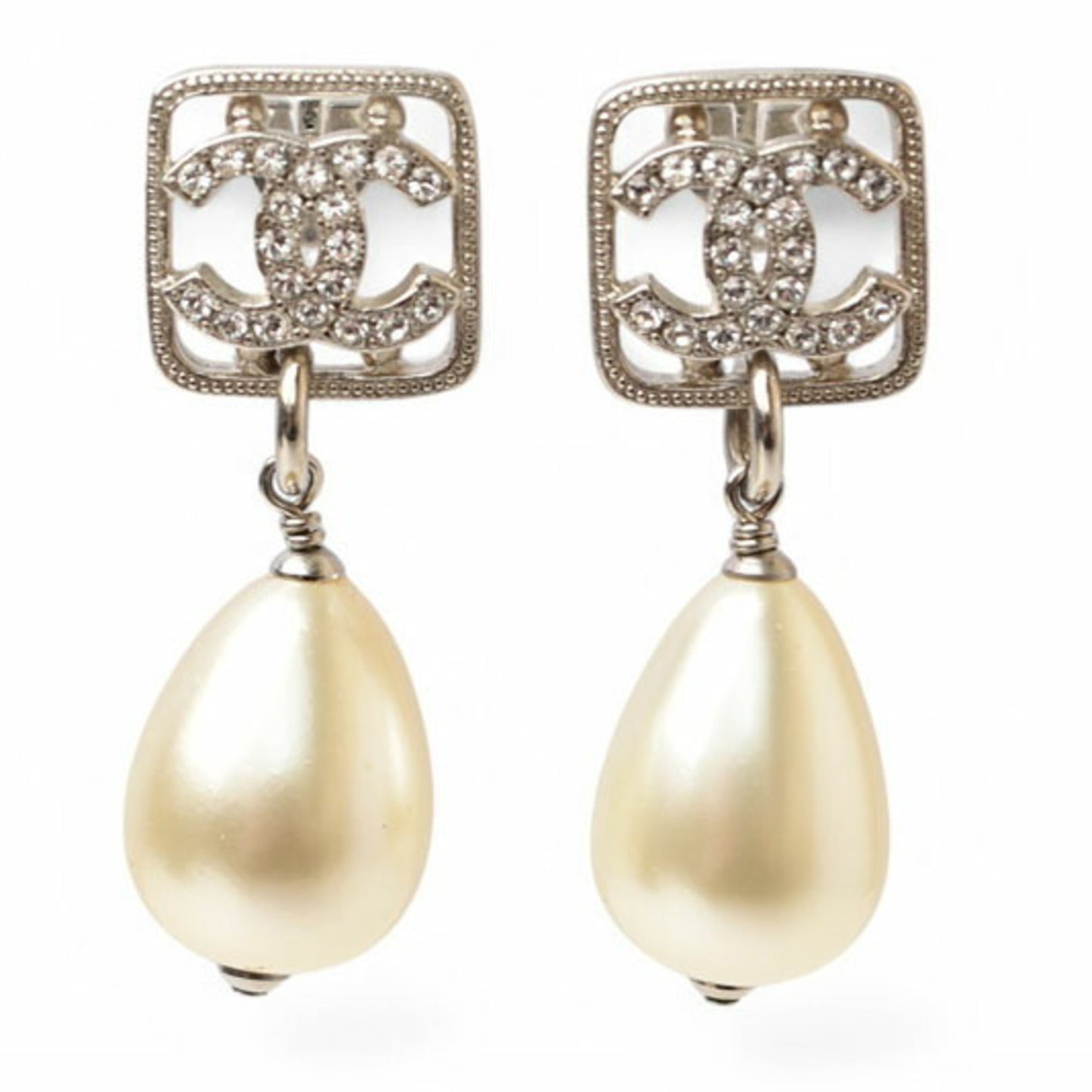 Chanel Earrings CHANEL CC Motif Coco Mark Rhinestone Swing Pearl Silver White F20