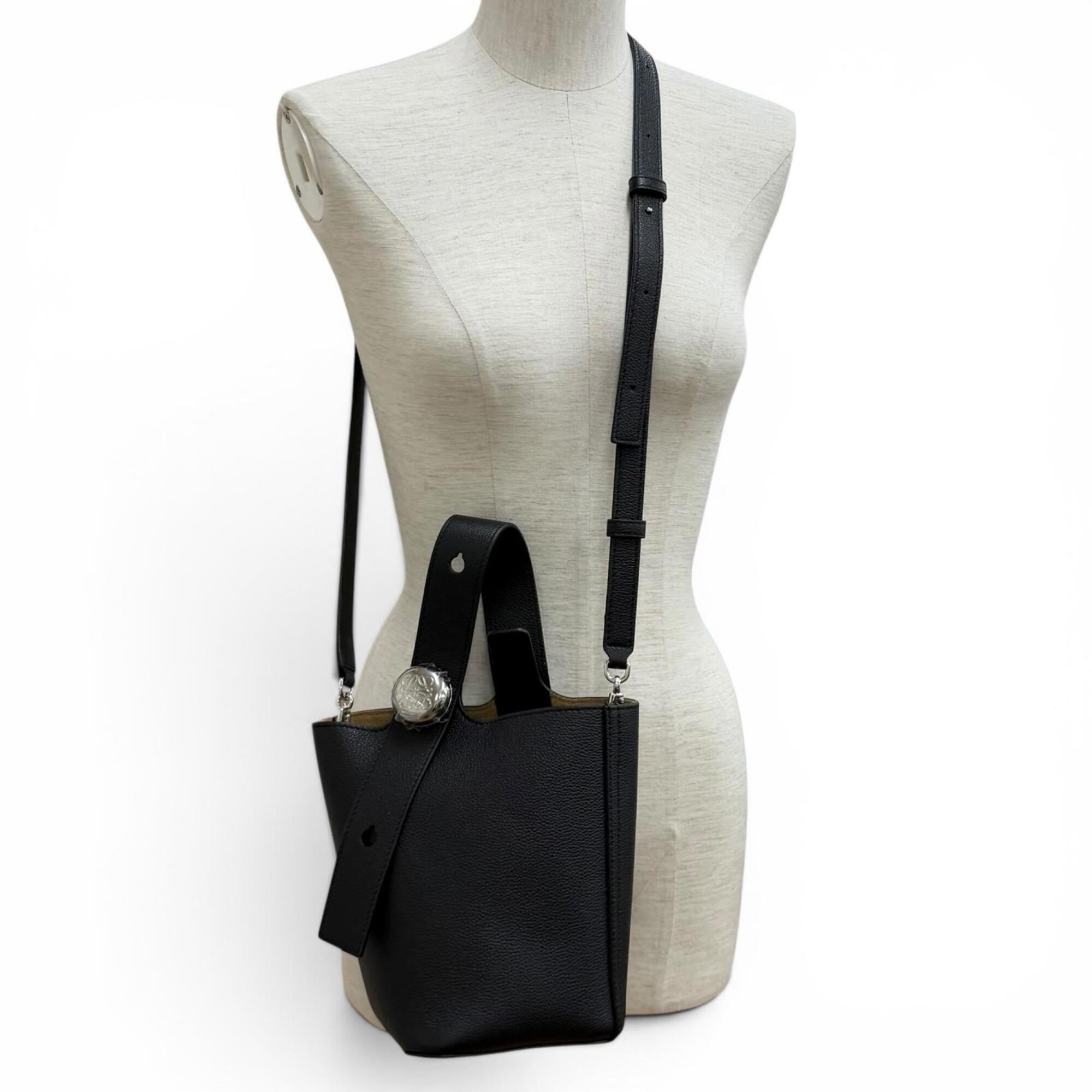 LOEWE AANBBBMX31 Pebble Bucket Bag Mini Soft Grain Calf Anagram Leather 2-Way Shoulder Black Silver Hardware Made in Spain Women's Comes with Dust — Like New