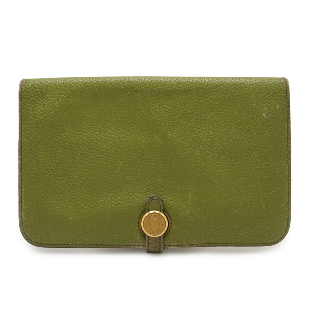 HERMES Dogon Duo GM Bifold Long Wallet in Togo Leather, Anise Green/Yellow-Green, Coin Case Missing, □L Stamped