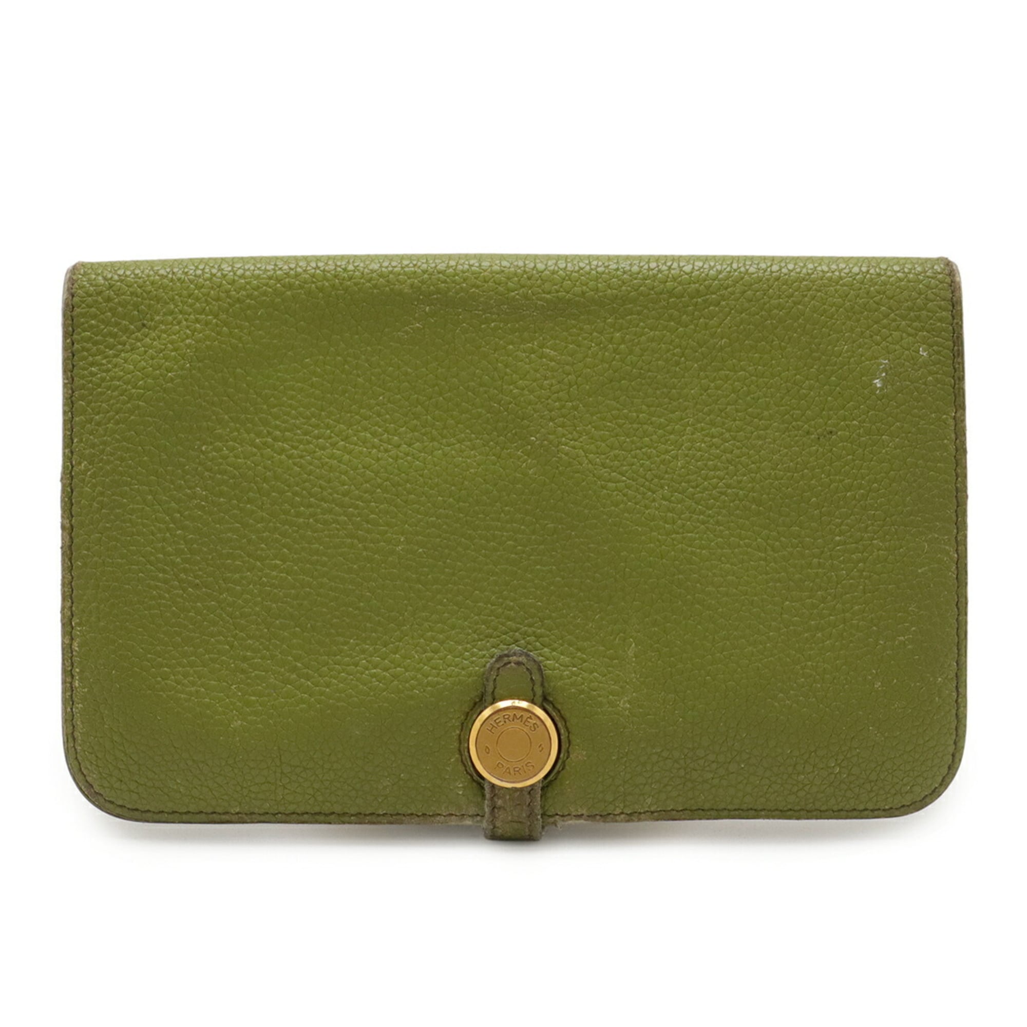 HERMES Dogon Duo GM Bifold Long Wallet in Togo Leather, Anise Green/Yellow-Green, Coin Case Missing, □L Stamped