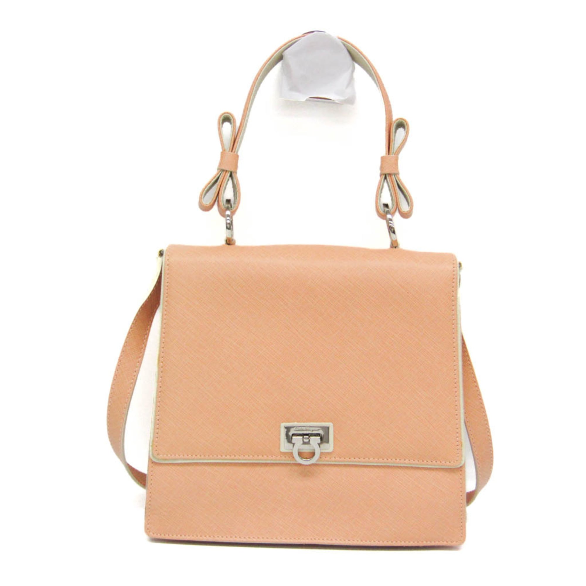 Salvatore Ferragamo Gancini Vara Ribbon Handle BW-21 6852 Women's Leather Handbag,Shoulder Bag Pale Orange