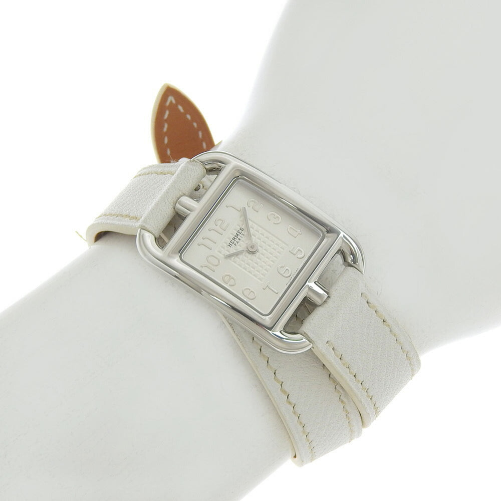 Like new Hermès Cape Cod CC1 210, □R stamped, white dial, stainless steel/leather, 33mm x 23mm, quartz movement, women's watch — Like New