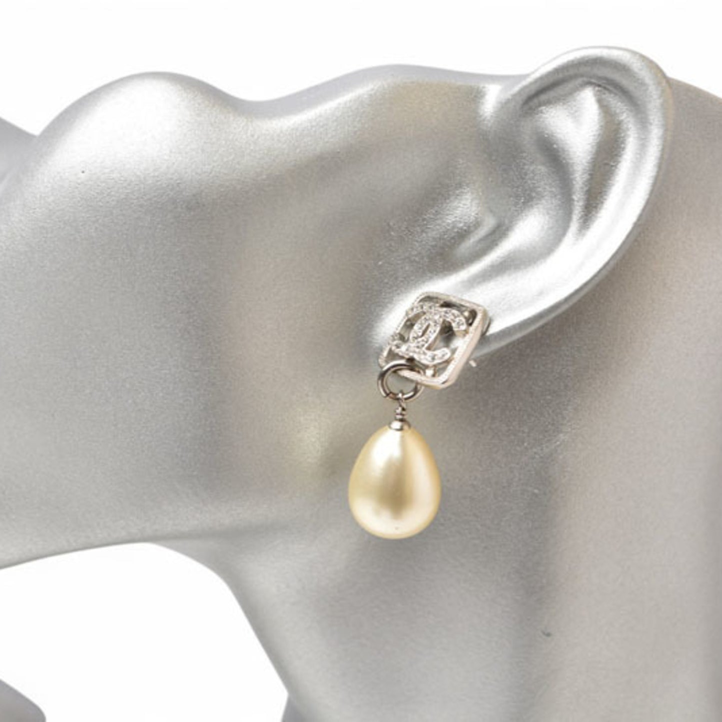 Chanel Earrings CHANEL CC Motif Coco Mark Rhinestone Swing Pearl Silver White F20